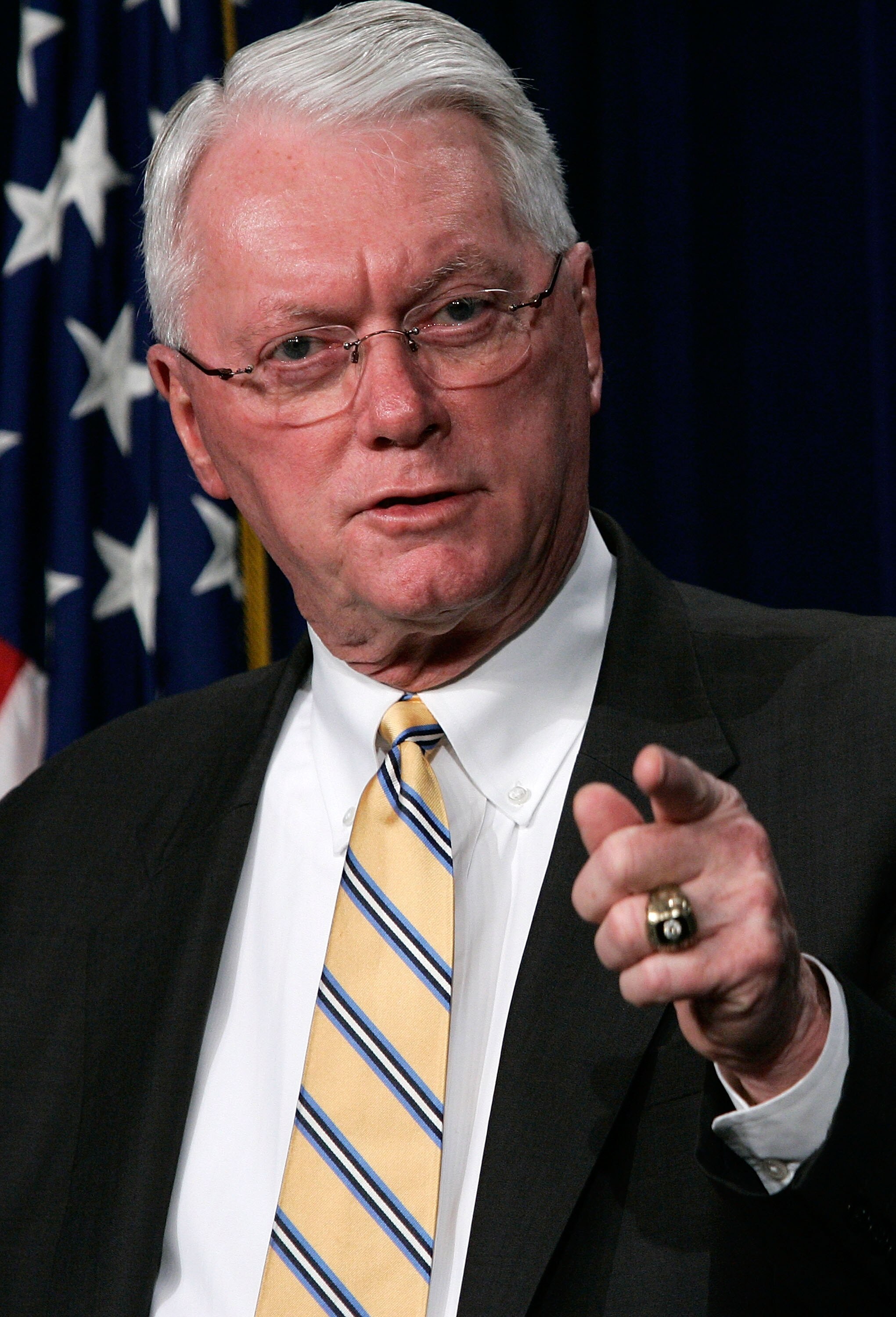 WASHINGTON - NOVEMBER 15:  U.S. Senator Jim Bunning (R-KY) speaks to reporters during a news briefing on steroid use associate with the Major League Baseball November 15, 2005 on Capitol Hill in Washington, DC. Major League Baseball players and owners rea