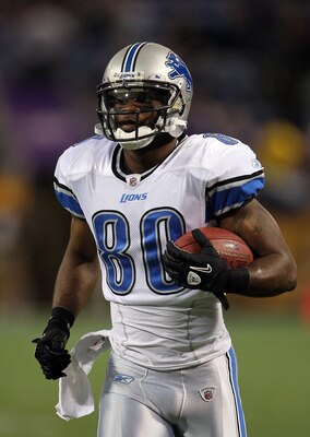 MINNEAPOLIS - SEPTEMBER 26:  Bryant Johnson #80 of the Detroit Lions warms up prior to the start of the game against the Minnesota Vikings at Mall of America Field on September 26, 2010 in Minneapolis, Minnesota.  (Photo by Jeff Gross/Getty Images)