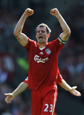 LIVERPOOL, UNITED KINGDOM - SEPTEMBER 13:  Jamie Carragher of Liverpool celebrates victory after the Barclays Premier League match between Liverpool and Manchester United at Anfield on September 13, 2008 in Liverpool, England.  (Photo by Shaun Botterill/G