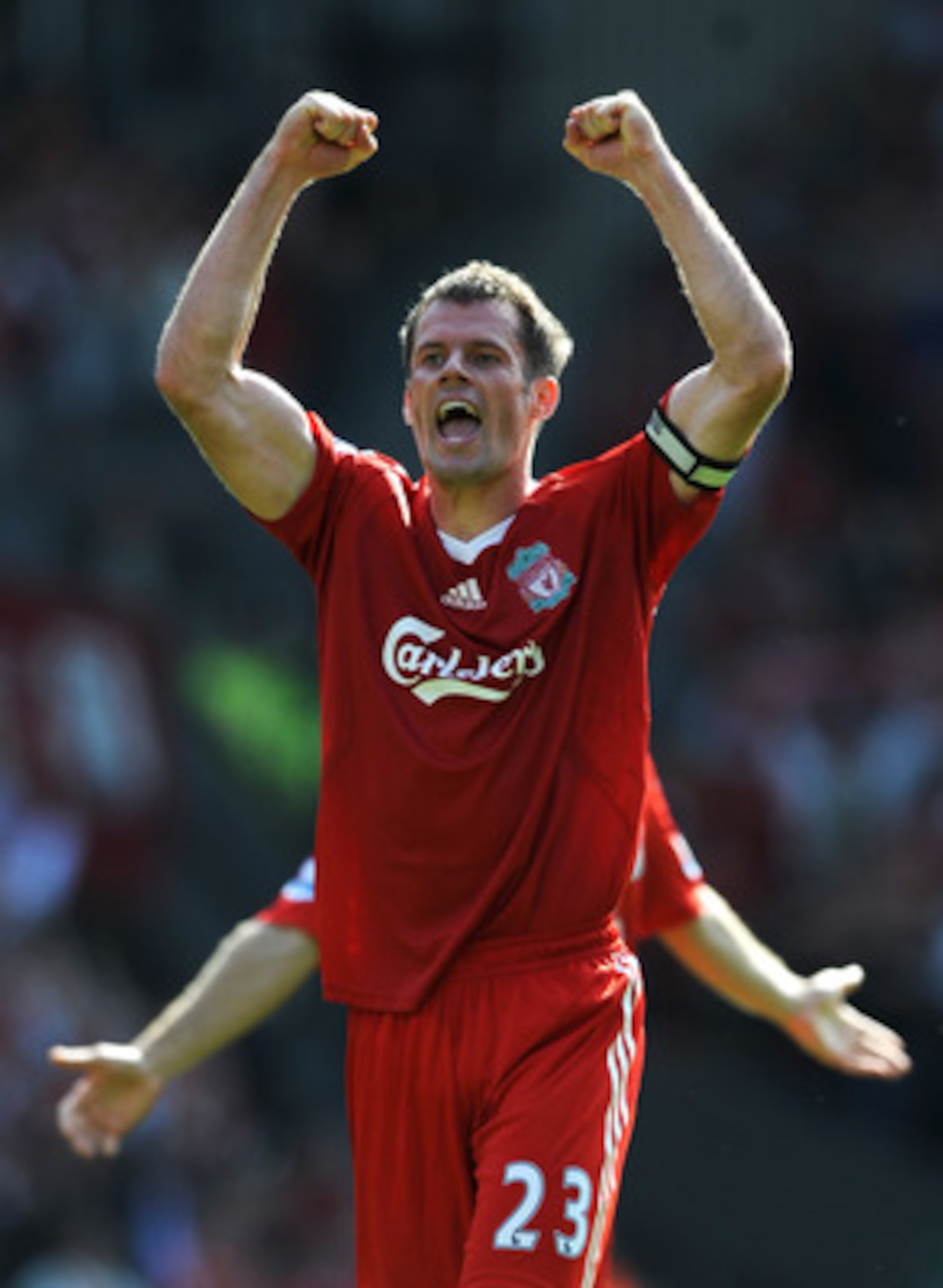 LIVERPOOL, UNITED KINGDOM - SEPTEMBER 13:  Jamie Carragher of Liverpool celebrates victory after the Barclays Premier League match between Liverpool and Manchester United at Anfield on September 13, 2008 in Liverpool, England.  (Photo by Shaun Botterill/G