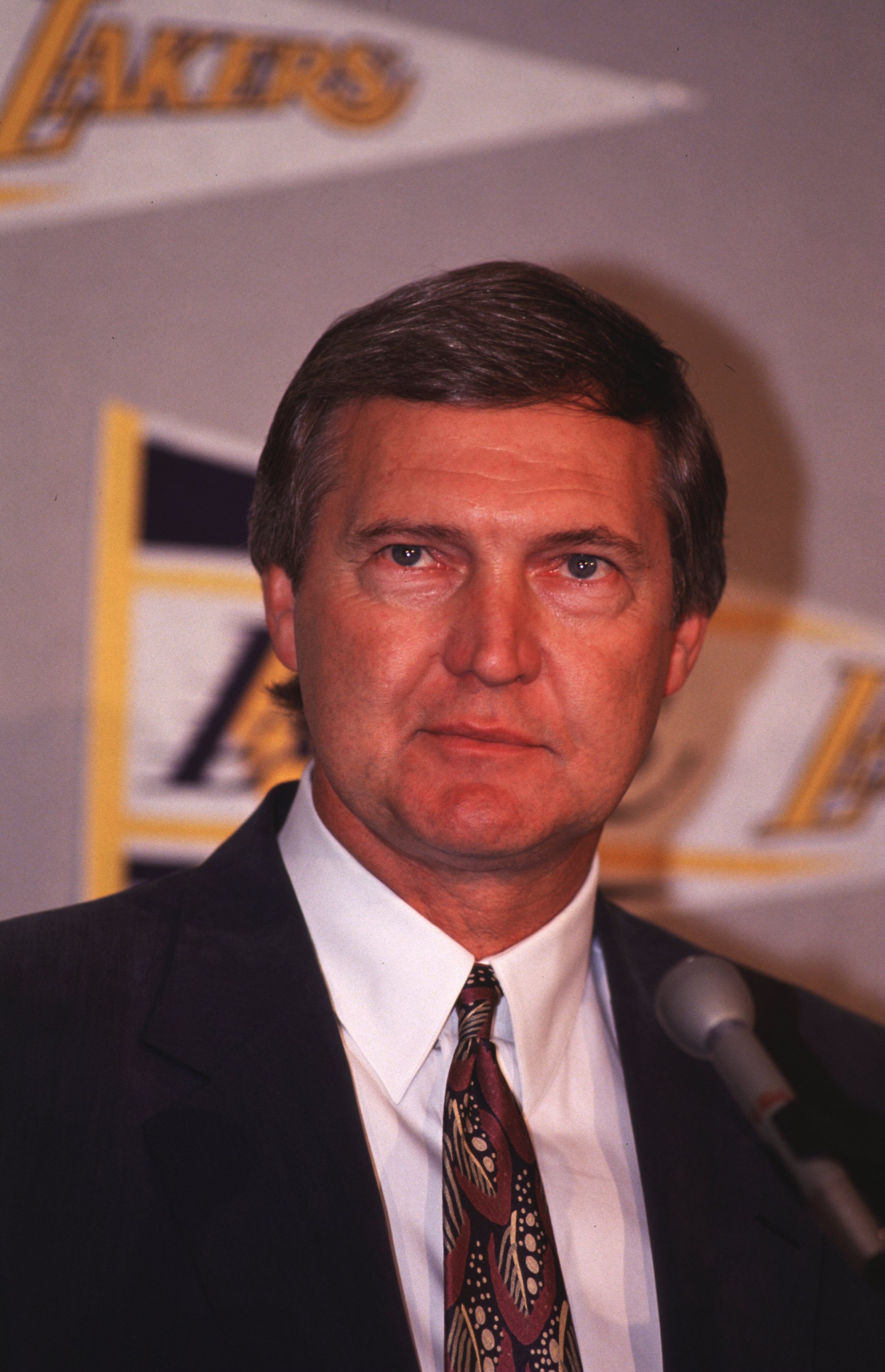 18 May 1992: General manager Jerry West of the Los Angeles Lakers addresses the media at a press conference in Los Angeles, California. Mandatory Credit: Ken Levine/Allsport 18 May 1992: General manager Jerry West of the Los Angeles Lakers addresses the media at a press conference in Los Angeles, California. Mandatory Credit: Ken Levine/Allsport