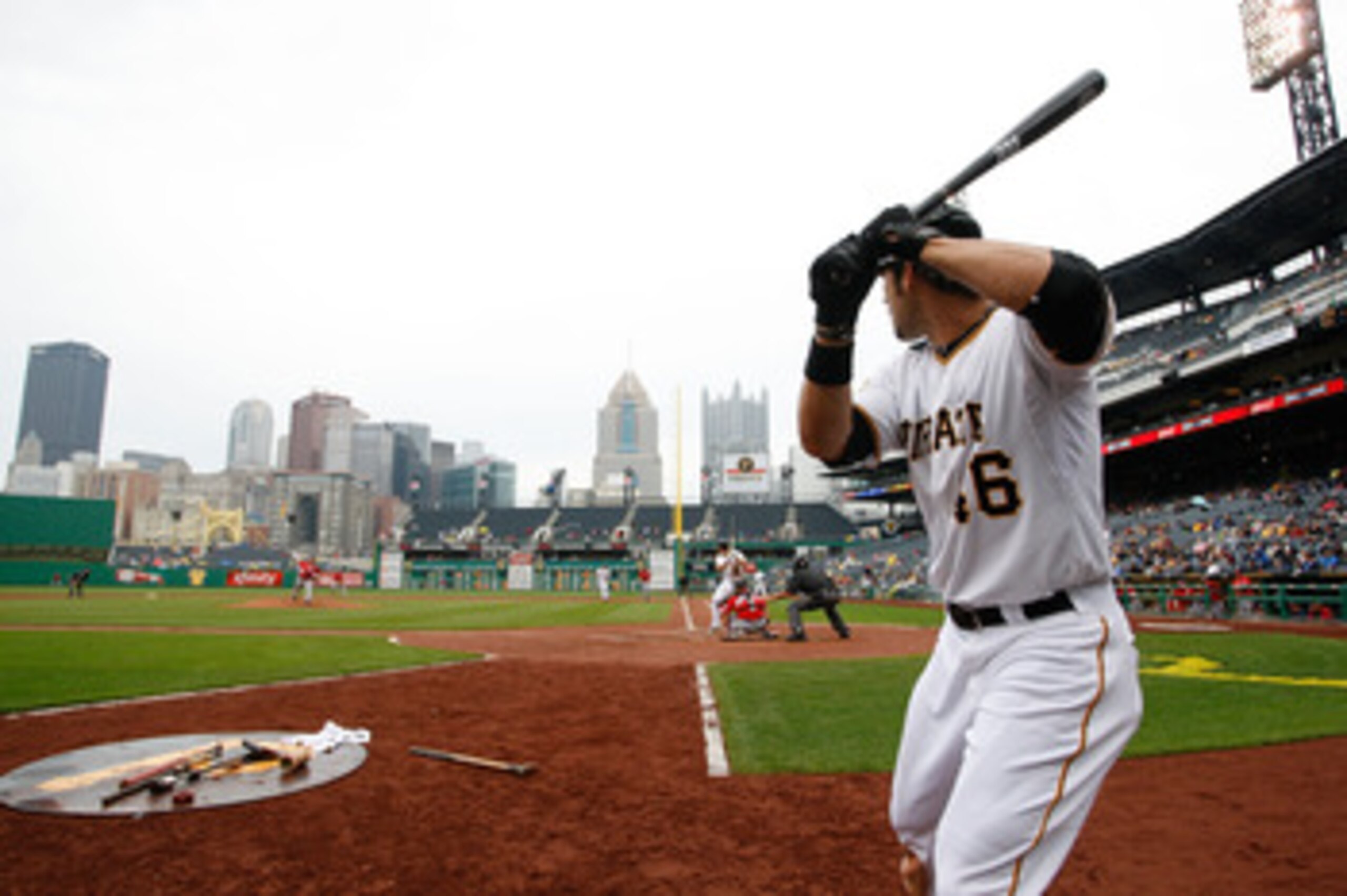 PITTSBURGH - APRIL 24: Garrett Jones #46 of the Pittsburgh Pirates stands in the on deck circle while Jason Marquis #21 of the Washington Nationals pitches during the game on April 24, 2011 at PNC Park in Pittsburgh, Pennsylvania. (Photo by Jared Wicker PITTSBURGH - APRIL 24: Garrett Jones #46 of the Pittsburgh Pirates stands in the on deck circle while Jason Marquis #21 of the Washington Nationals pitches during the game on April 24, 2011 at PNC Park in Pittsburgh, Pennsylvania. (Photo by Jared Wicker