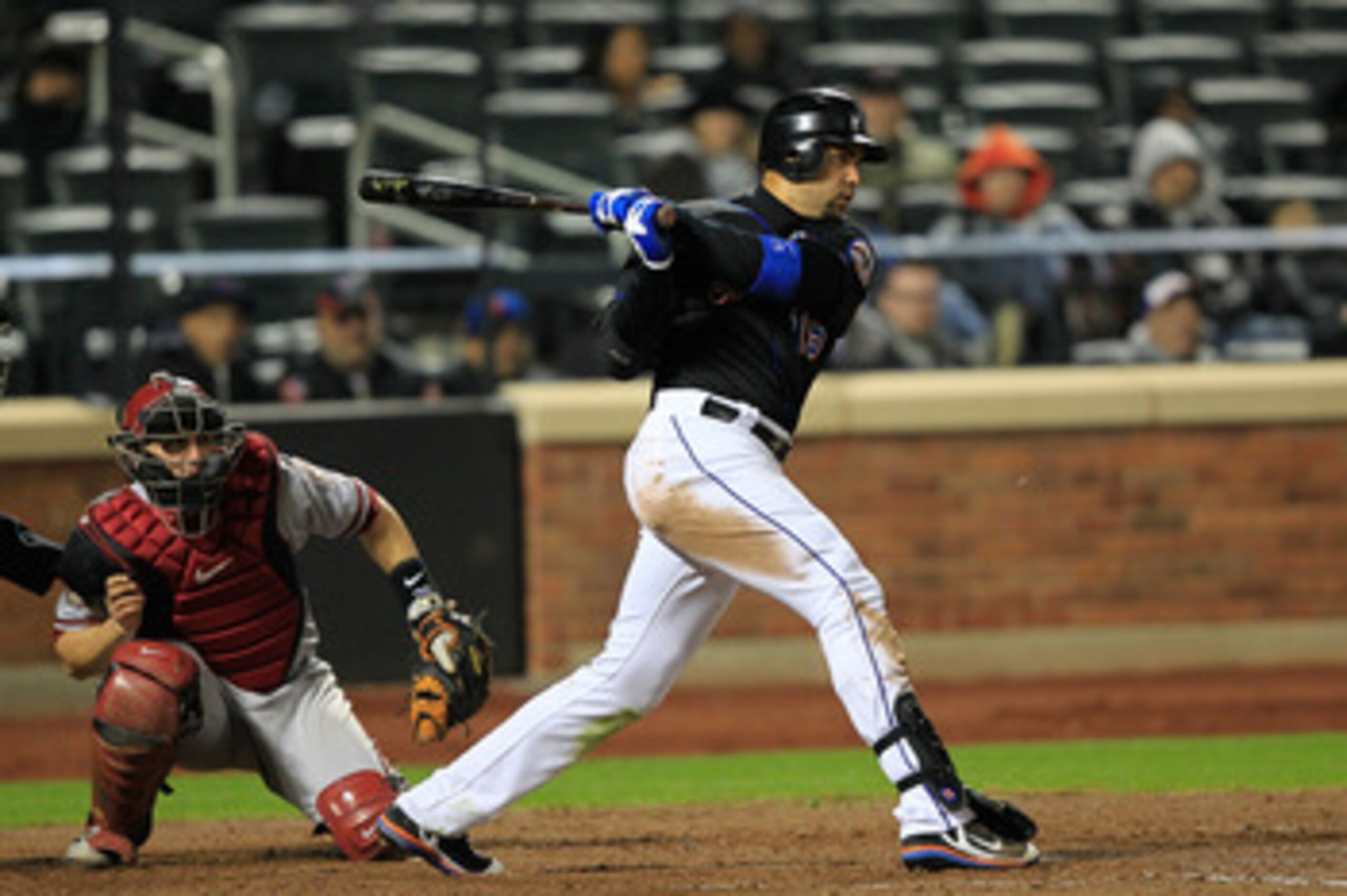 NEW YORK, NY - APRIL 22: Carlos Beltran #15 of the New York Mets hits an RBI in the eighth inning against the Arizona Diamondbacks at Citi Field on April 22, 2011 in the Flushing neighborhood of the Queens borough of New York City.  (Photo by Chris Trotma