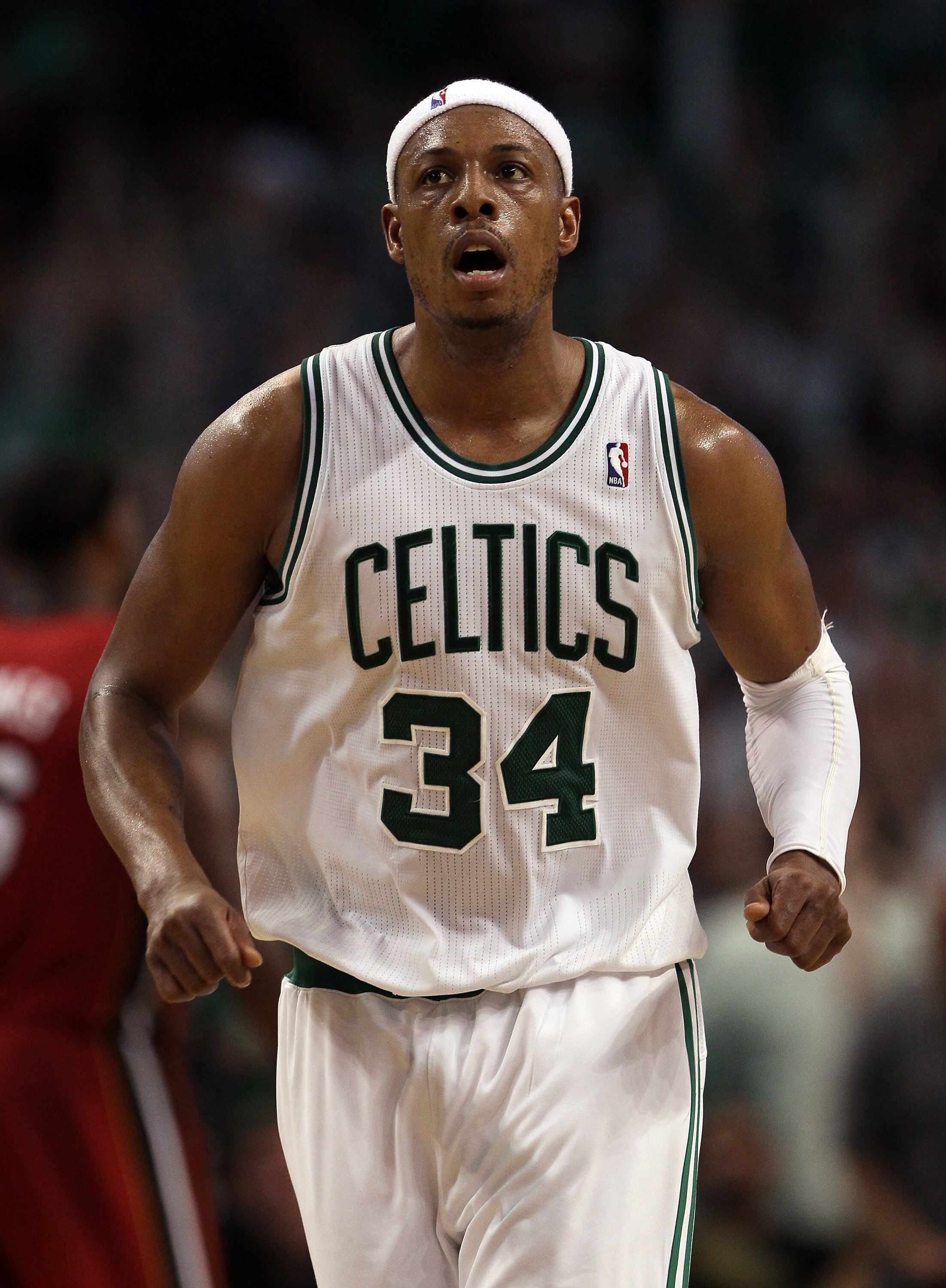 BOSTON, MA - MAY 07:  Paul Pierce #34 of the Boston Celtics celebrates a shot in the second half against the Miami Heat in Game Three of the Eastern Conference Semifinals in the 2011 NBA Playoffs on May 7, 2011 at the TD Garden in Boston, Massachusetts.  