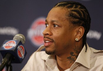 AUBURN HILLS, MI - NOVEMBER 04:  Allen Iverson #1 of the Detroit Pistons is introduced at press conference after being traded from the Denver Nuggets on November 4, 2008 at the Palace of Auburn Hills in Auburn Hills, Michigan. NOTE TO USER: User expressly