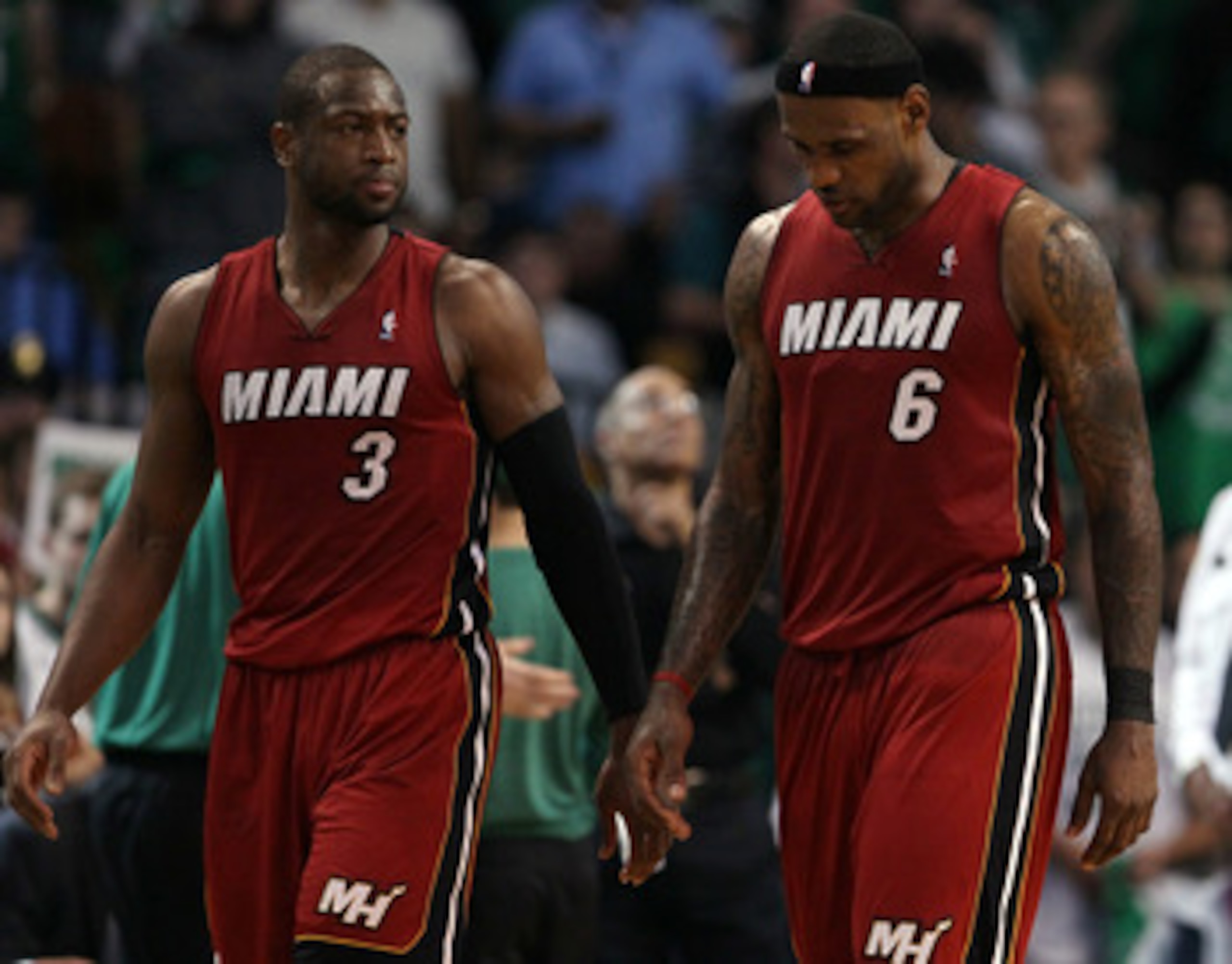 BOSTON, MA - MAY 07: Dwyane Wade #3 and LeBron James #6 of the Miami Heat walk on the court near the end of the game against the Boston Celtics in Game Three of the Eastern Conference Semifinals in the 2011 NBA Playoffs on May 7, 2011 at the TD Garden in BOSTON, MA - MAY 07: Dwyane Wade #3 and LeBron James #6 of the Miami Heat walk on the court near the end of the game against the Boston Celtics in Game Three of the Eastern Conference Semifinals in the 2011 NBA Playoffs on May 7, 2011 at the TD Garden in