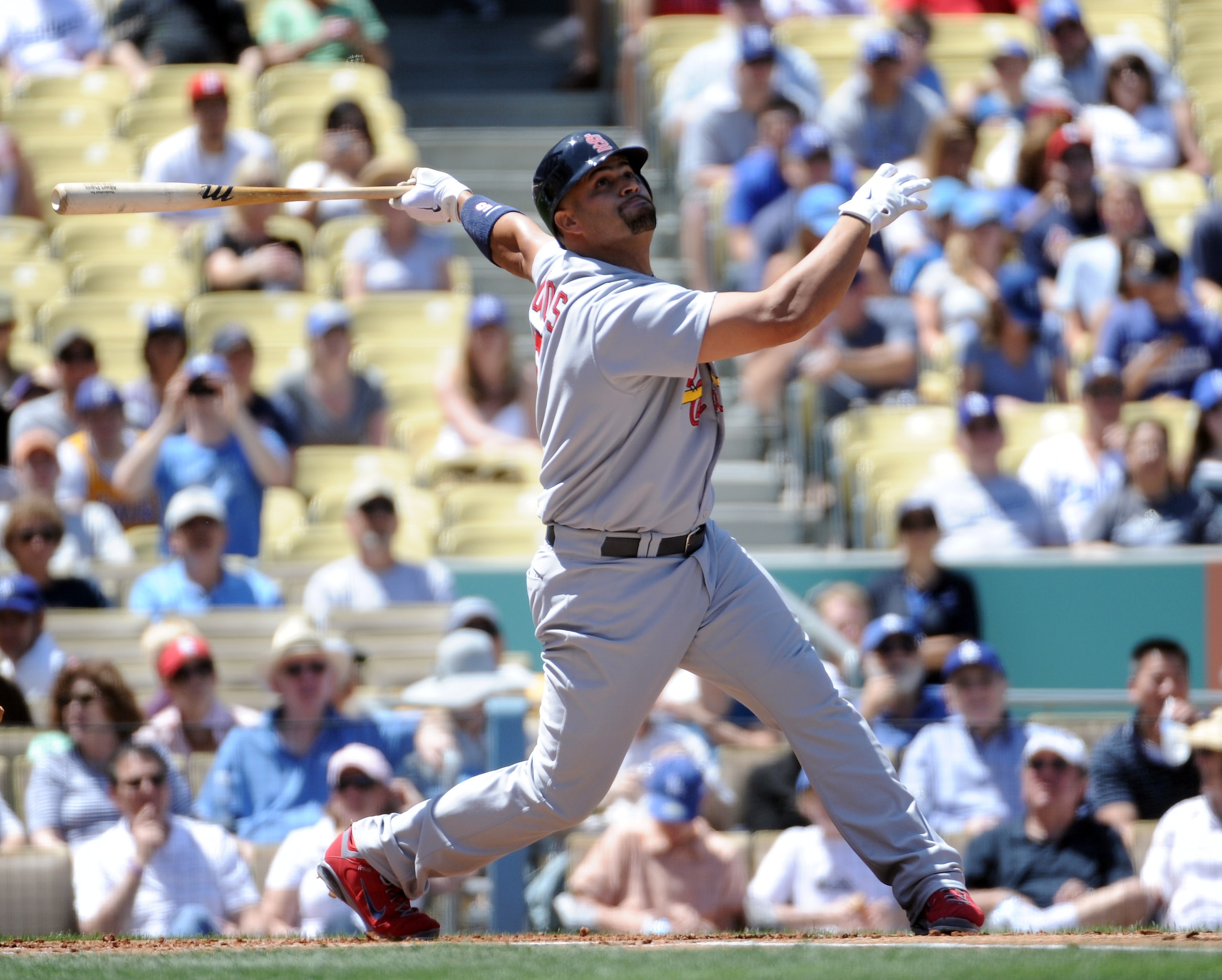 LOS ANGELES, CA - APRIL 17:  Albert Pujols #5 of the St. Louis Cardinals at bat against the Los Angeles Dodgers at Dodger Stadium on April 17, 2011 in Los Angeles, California.  (Photo by Harry How/Getty Images)
