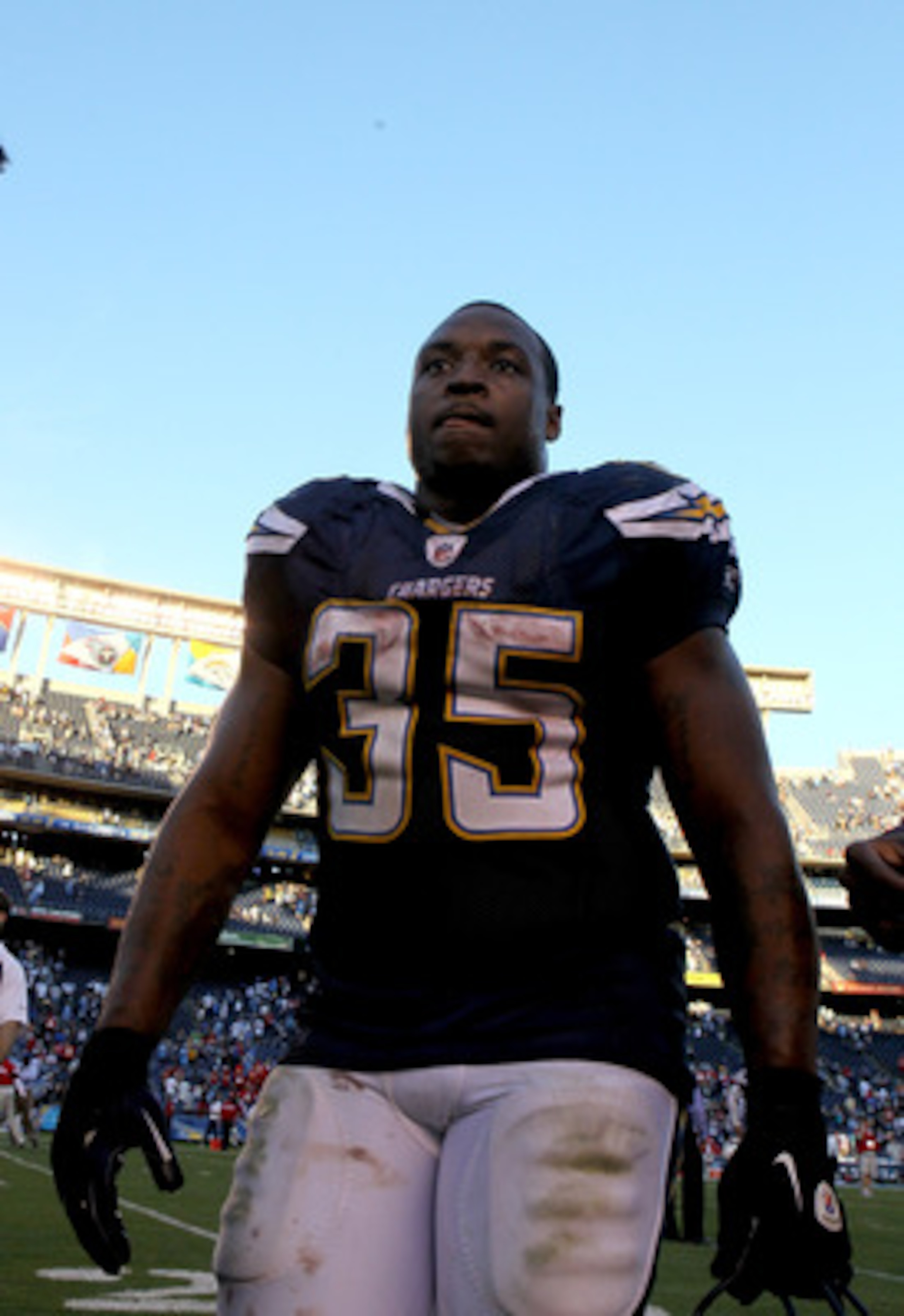 SAN DIEGO - DECEMBER 12:  Running back Mike Tolbert #35 of the San Diego Chargers leaves the field after the game with the Kansas City Chiefs at Qualcomm Stadium on December 12, 2010 in San Diego, California.  the Chargers won 31-0.  (Photo by Stephen Dun