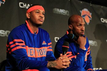 NEW YORK, NY - FEBRUARY 23:  New York Knicks new players (L) Carmelo Anthony and (R) Chauncy Billups are introduced to the media at a press conference at Madison Square Garden on February 23, 2011 in New York City. NOTE TO USER: User expressly acknowledge