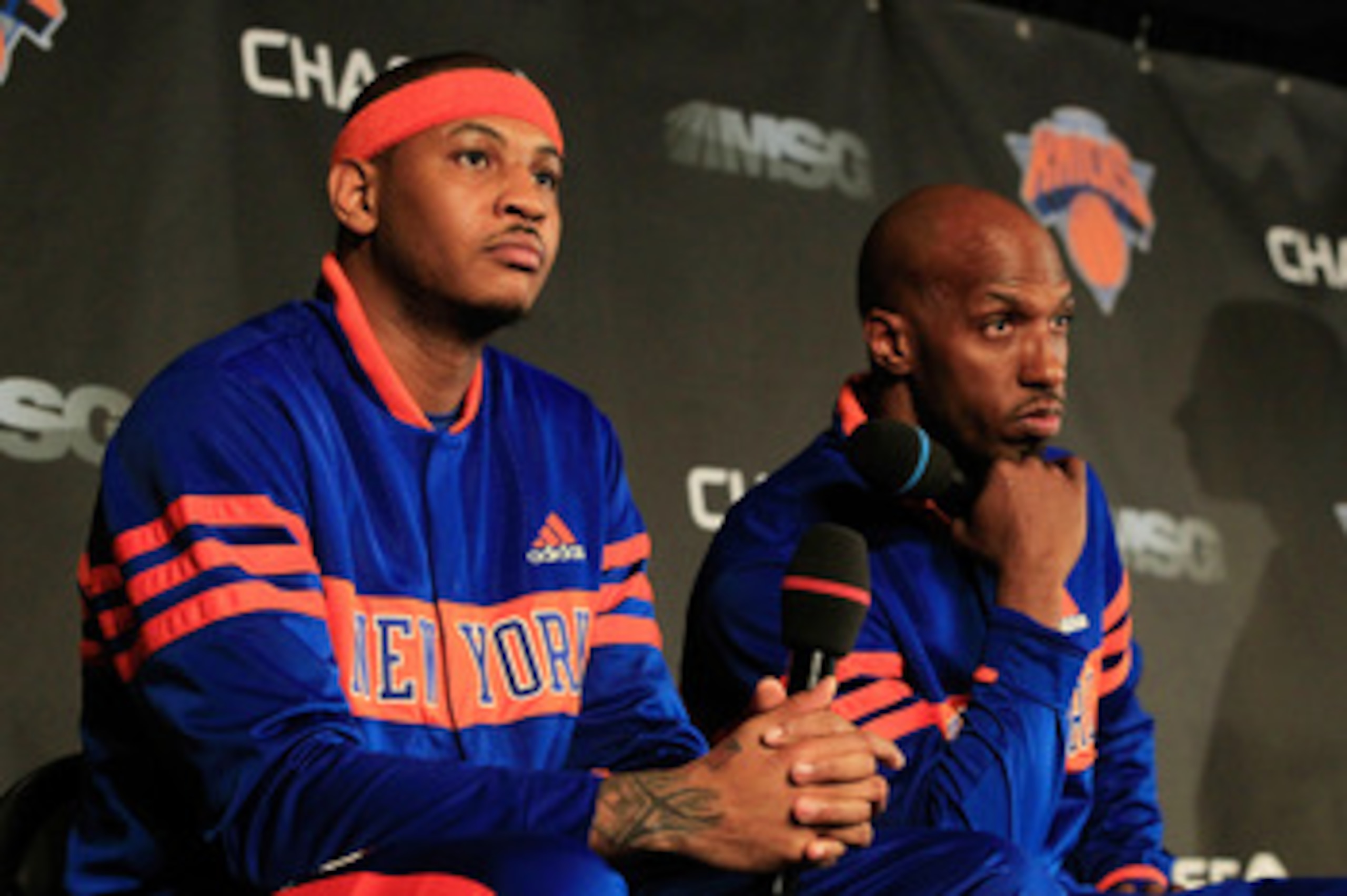NEW YORK, NY - FEBRUARY 23:  New York Knicks new players (L) Carmelo Anthony and (R) Chauncy Billups are introduced to the media at a press conference at Madison Square Garden on February 23, 2011 in New York City. NOTE TO USER: User expressly acknowledge