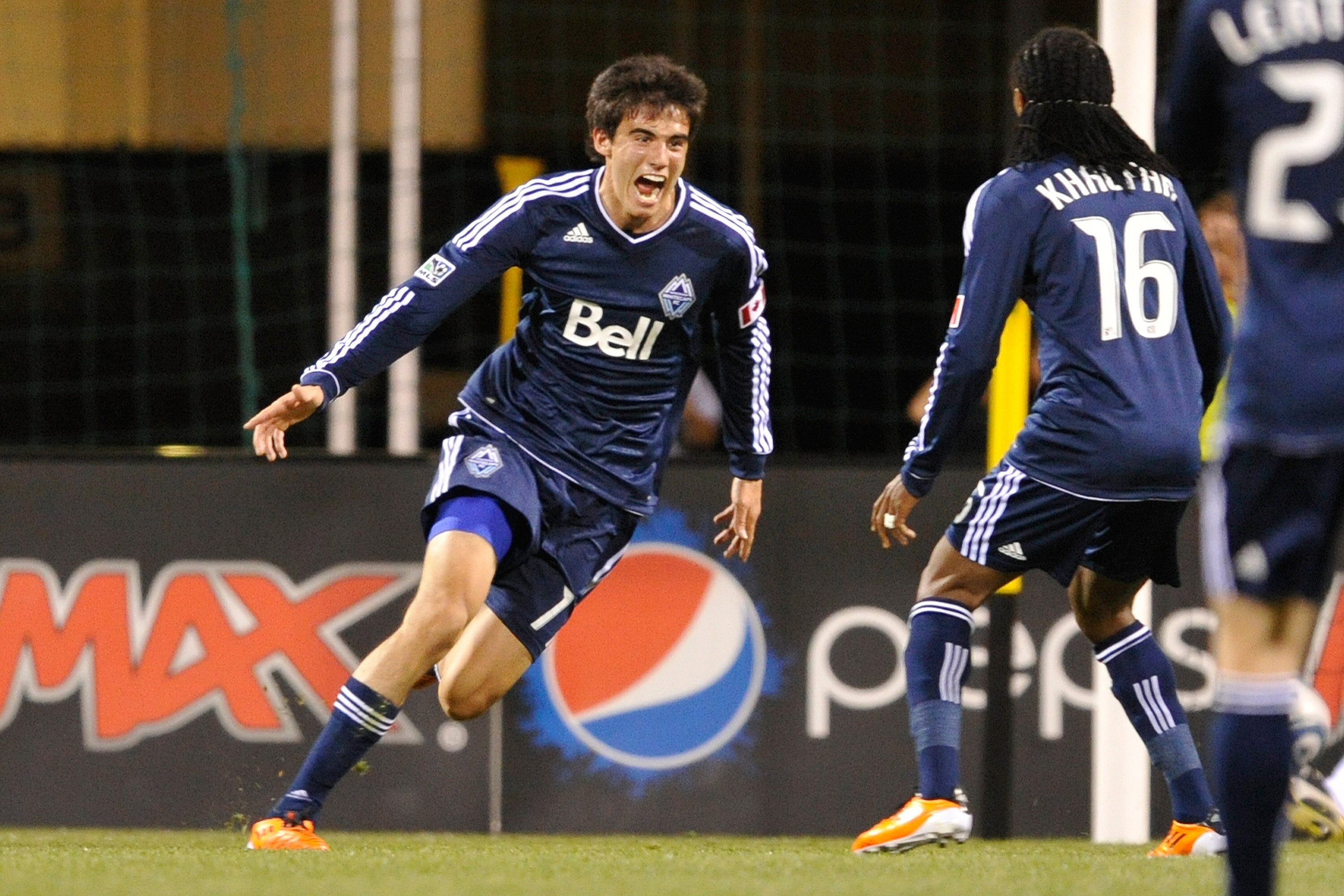 COLUMBUS, OH - APRIL 30:  Omar Salgado #17 of the Vancouver Whitecaps FC celebrates his second half goal against the Columbus Crew on April 30, 2011 at Crew Stadium in Columbus, Ohio. Columbus defeated Vancouver 2-1.  (Photo by Jamie Sabau/Getty Images)