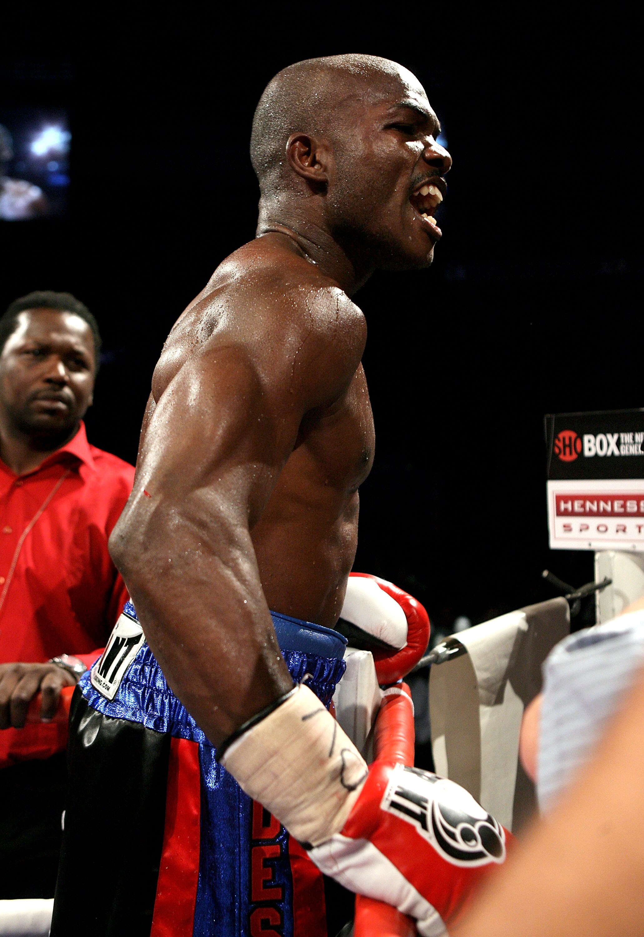 NOTTINGHAM, ENGLAND - MAY 10:  Timothy Bradley celebrates his win against Junior Witter for the WBC Light Welterweight fight on May 10, 2008 at Nottingham Ice Arena in Nottingham, England. (Photo by John Gichigi/Getty Images)