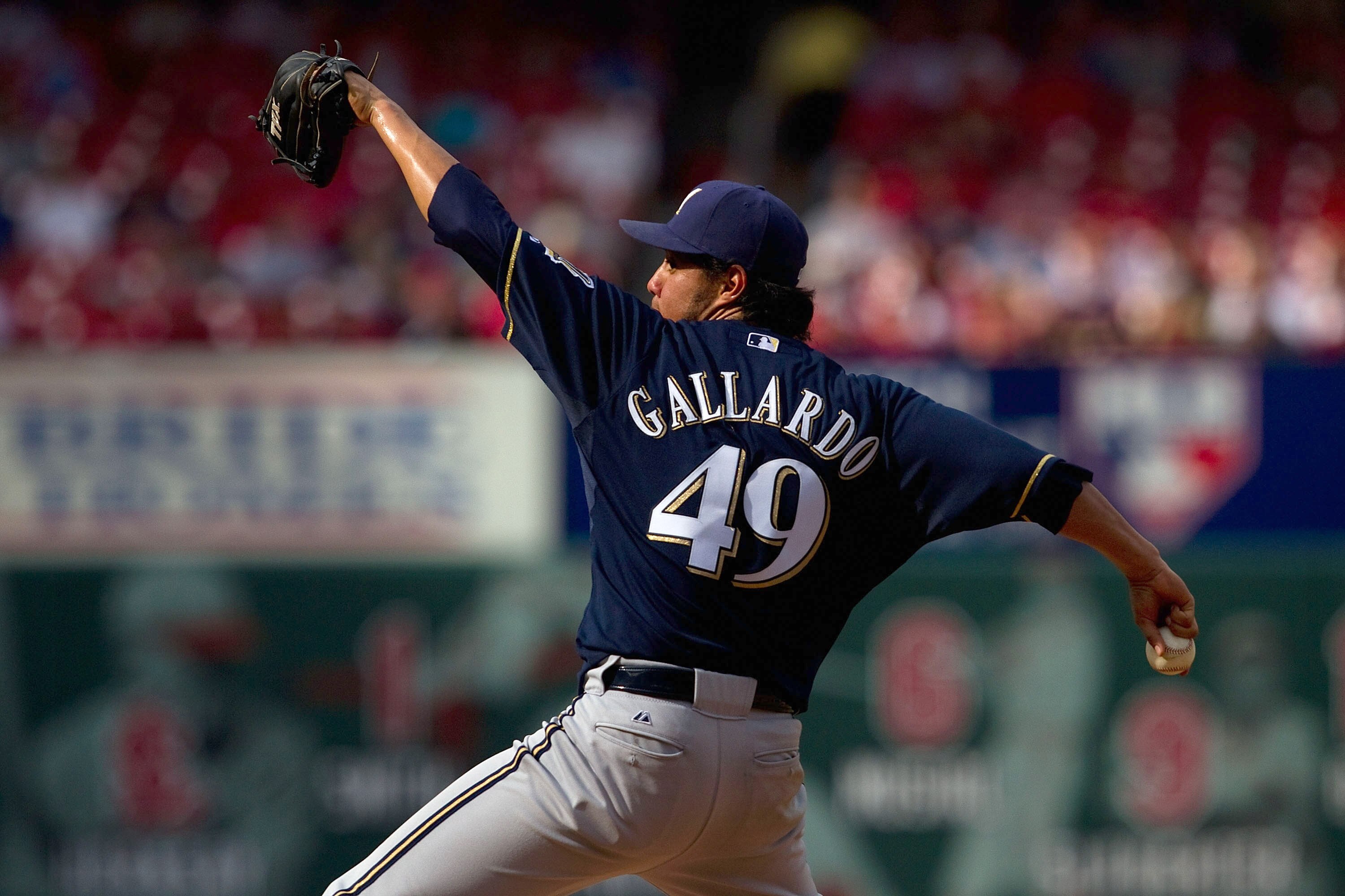 ST. LOUIS, MO - MAY 7: Starter Yovani Gallardo #49 of the Milwaukee Brewers pitches against the St. Louis Cardinals at Busch Stadium on May 7, 2011 in St. Louis, Missouri.  (Photo by Dilip Vishwanat/Getty Images)