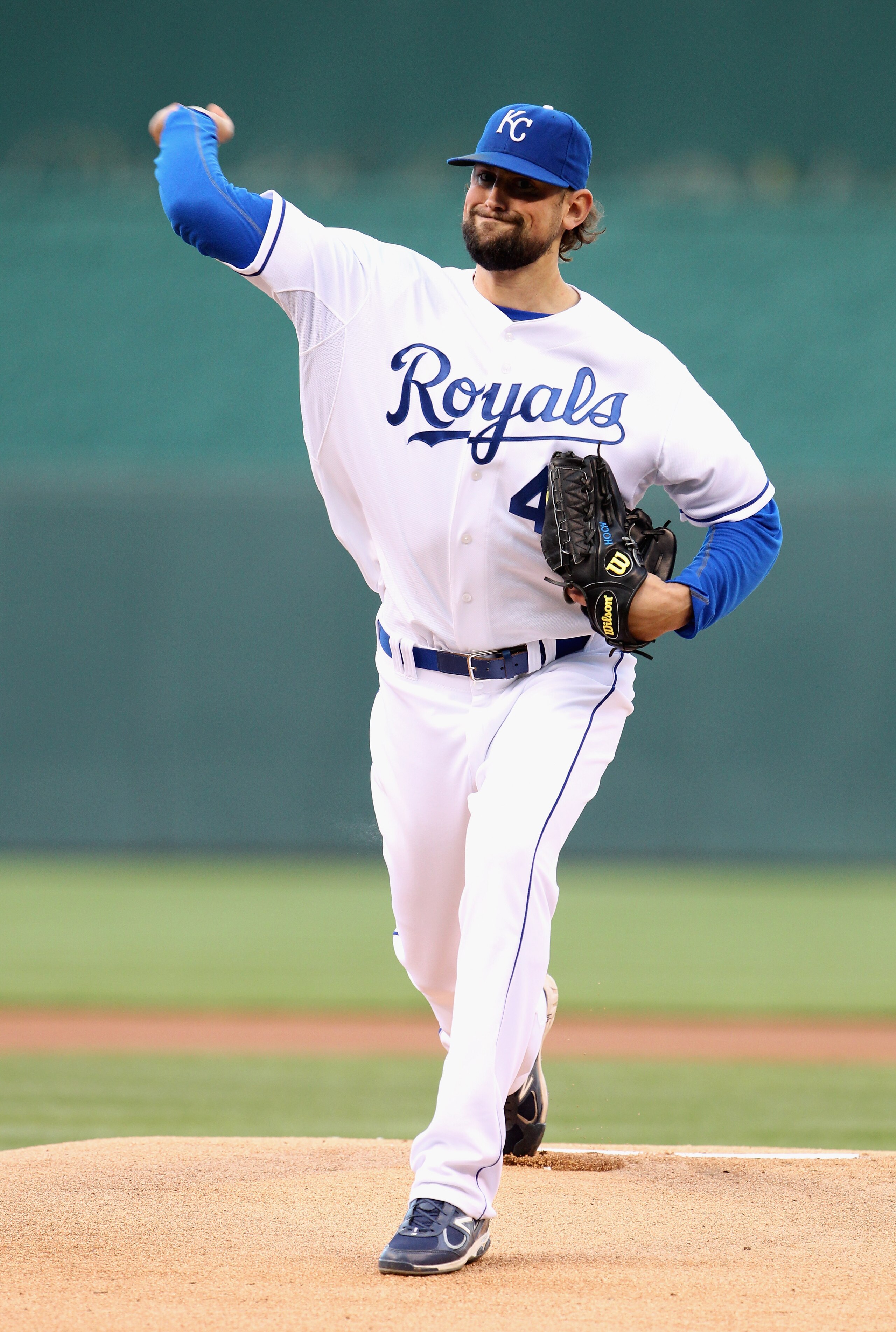 KANSAS CITY, MO - APRIL 20:  Starting pitcher Luke Hochevar #44 of the Kansas City Royals warms-up just prior to the start of the game against the Cleveland Indians on April 20, 2011 at Kauffman Stadium in Kansas City, Missouri.  (Photo by Jamie Squire/Ge