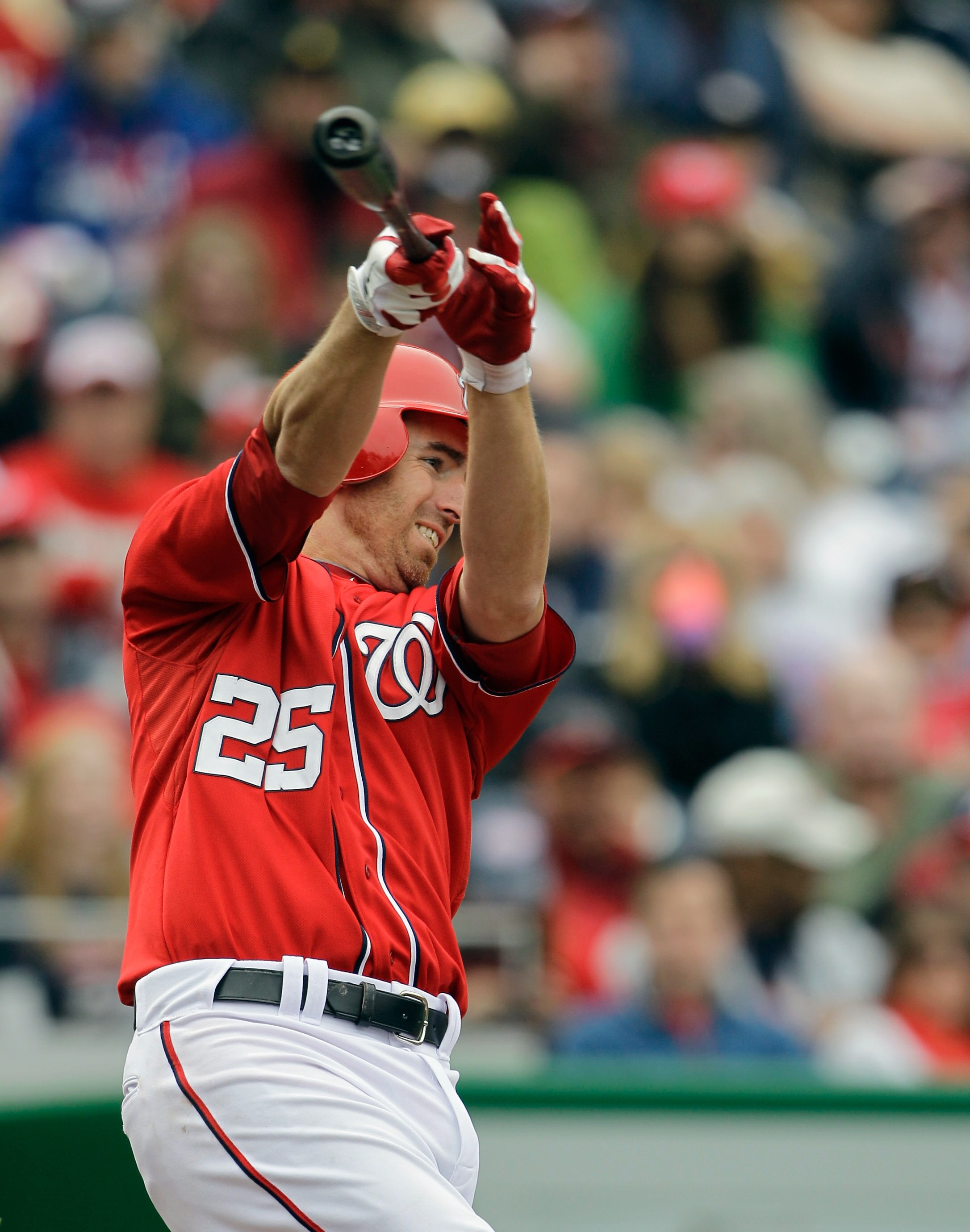 WASHINGTON, DC - APRIL 03: Adam LaRoche #25 of the Washington Nationals at the plate against the Atlanta Braves at Nationals Park on April 3, 2011 in Washington, DC.  (Photo by Rob Carr/Getty Images)