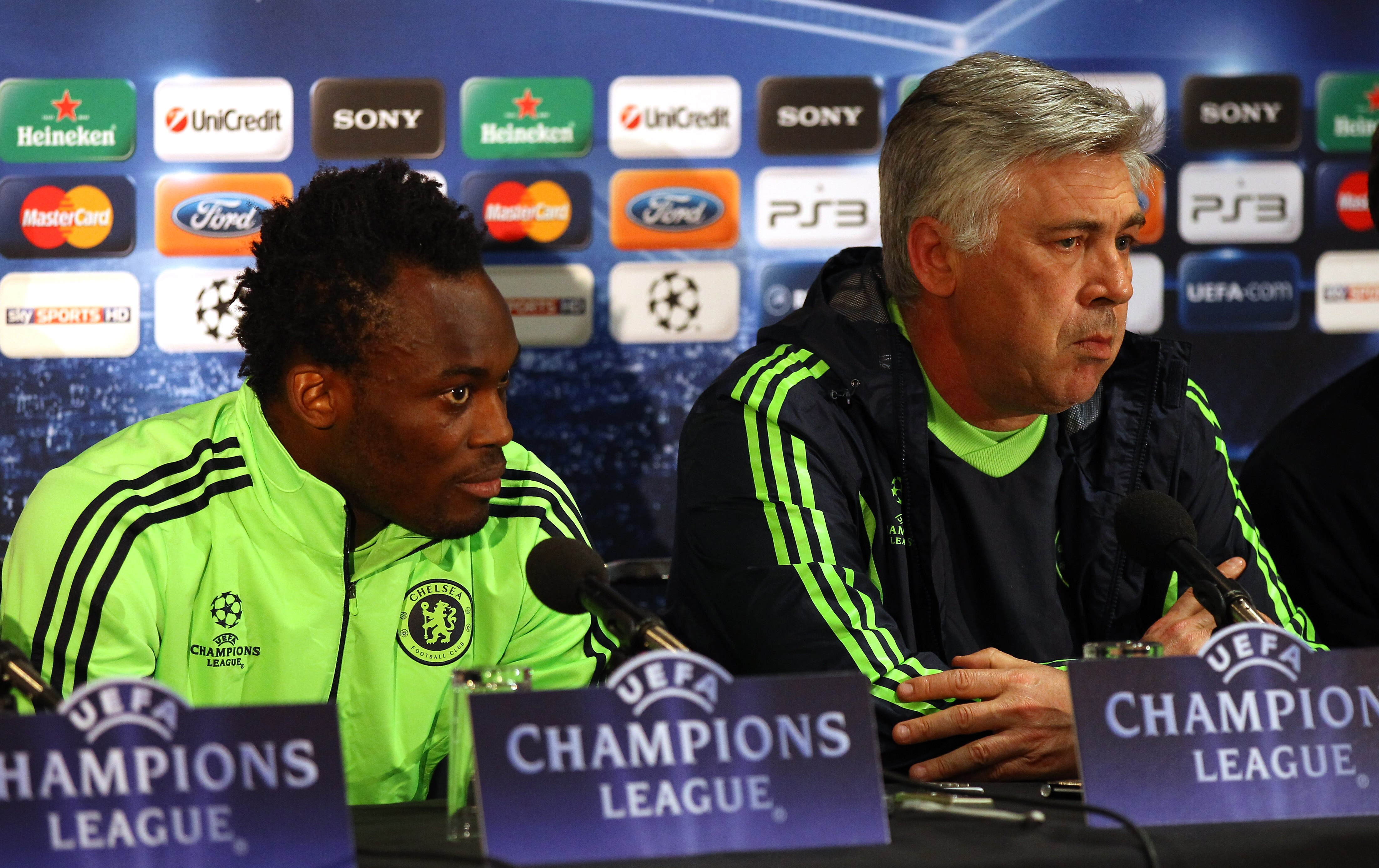 MANCHESTER, ENGLAND - APRIL 11: Carlo Ancelotti the manager of Chelsea and Michael Essien face the media during a press conference ahead of their UEFA Champions League quarter final second leg match against Manchester United at Old Trafford on April 11, MANCHESTER, ENGLAND - APRIL 11: Carlo Ancelotti the manager of Chelsea and Michael Essien face the media during a press conference ahead of their UEFA Champions League quarter final second leg match against Manchester United at Old Trafford on April 11,