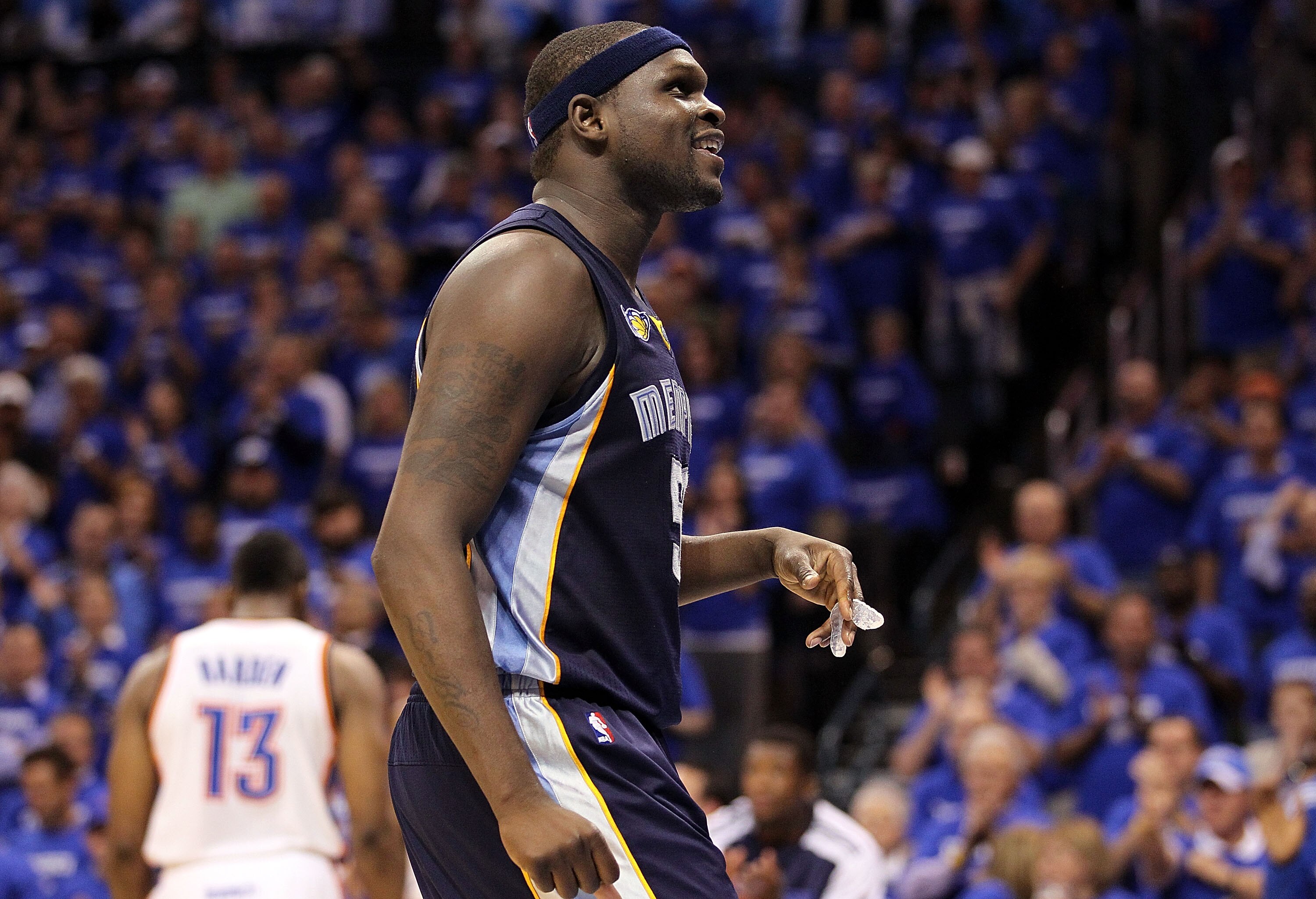 OKLAHOMA CITY, OK - MAY 03:  Forward Zach Randolph #50 of the Memphis Grizzlies reacts against the Oklahoma City Thunder in Game Two of the Western Conference Semifinals in the 2011 NBA Playoffs on May 3, 2011 at Oklahoma City Arena in Oklahoma City, Okla