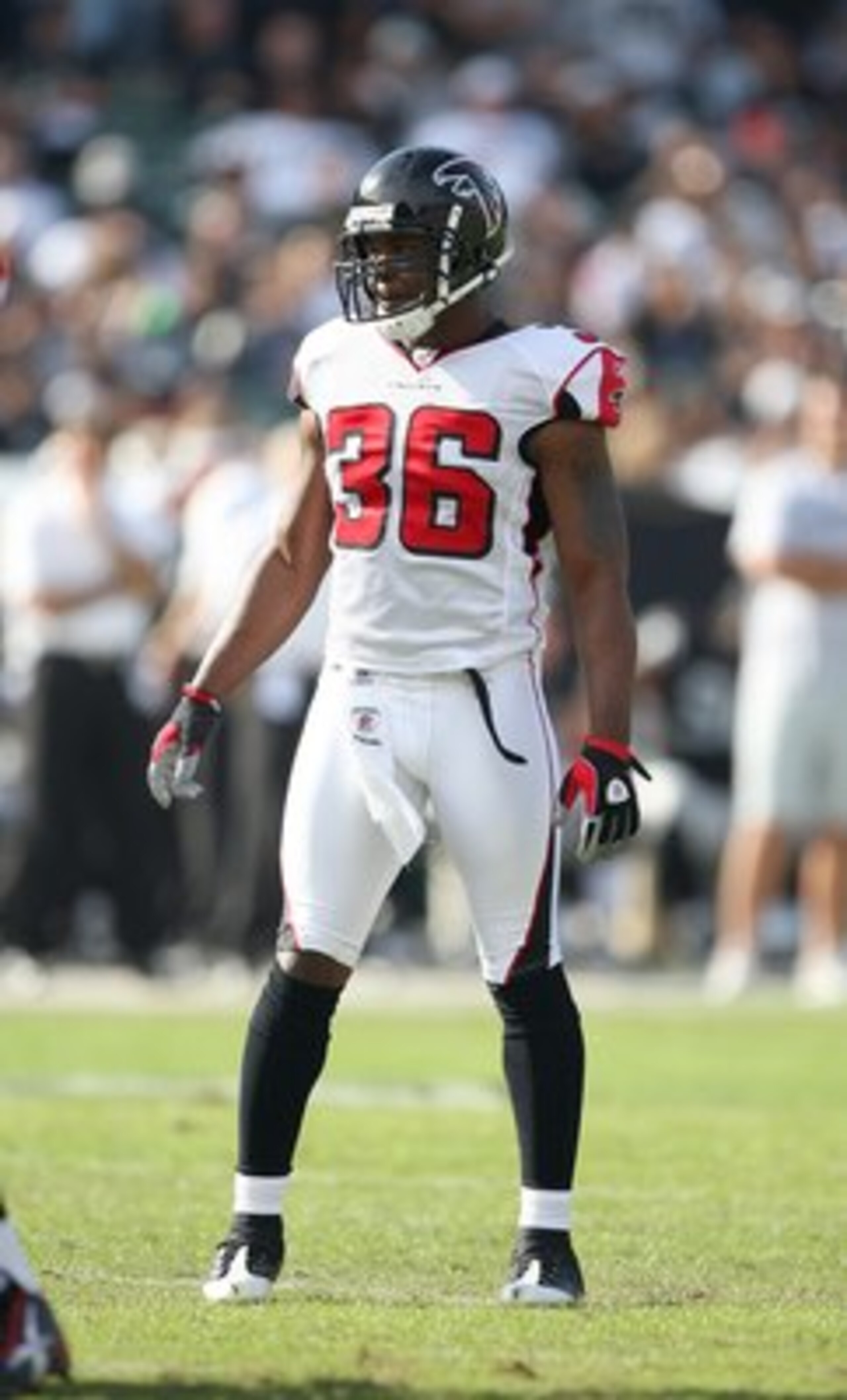 OAKLAND, CA - NOVEMBER 2:  Lawyer Milloy #36 of the Atlanta Falcons looks on from his safety position during the game against the Oakland Raiders on November 2, 2008 at the Oakland-Alameda County Coliseum in Oakland, California. The Falcons defeated the R