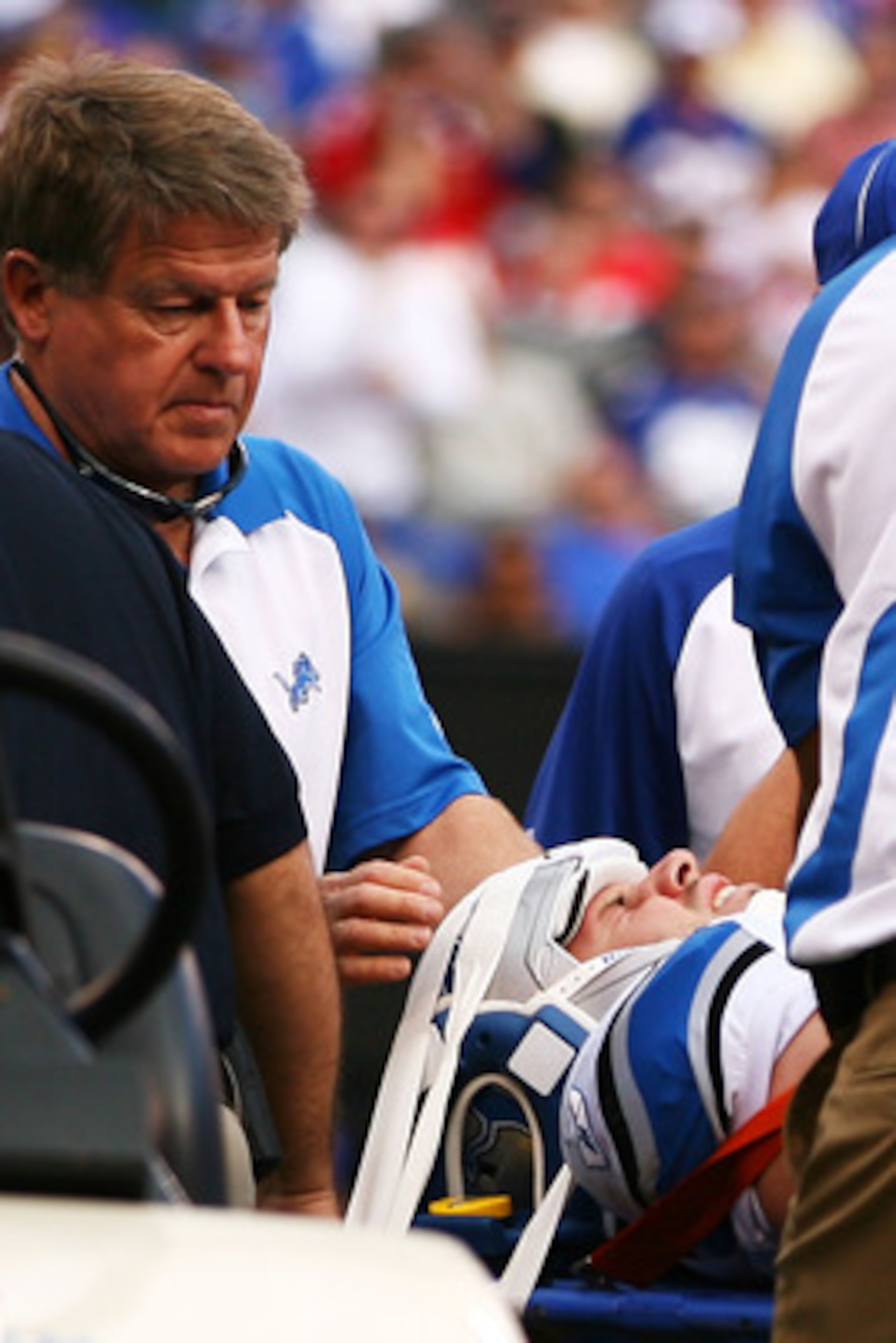 EAST RUTHERFORD, NJ - OCTOBER 17: Zack Follett #49 of the Detroit Lions is taken off the field on a stretcher after being injured on a punt return against the New York Giants at New Meadowlands Stadium on October 17, 2010 in East Rutherford, New Jersey. EAST RUTHERFORD, NJ - OCTOBER 17: Zack Follett #49 of the Detroit Lions is taken off the field on a stretcher after being injured on a punt return against the New York Giants at New Meadowlands Stadium on October 17, 2010 in East Rutherford, New Jersey.