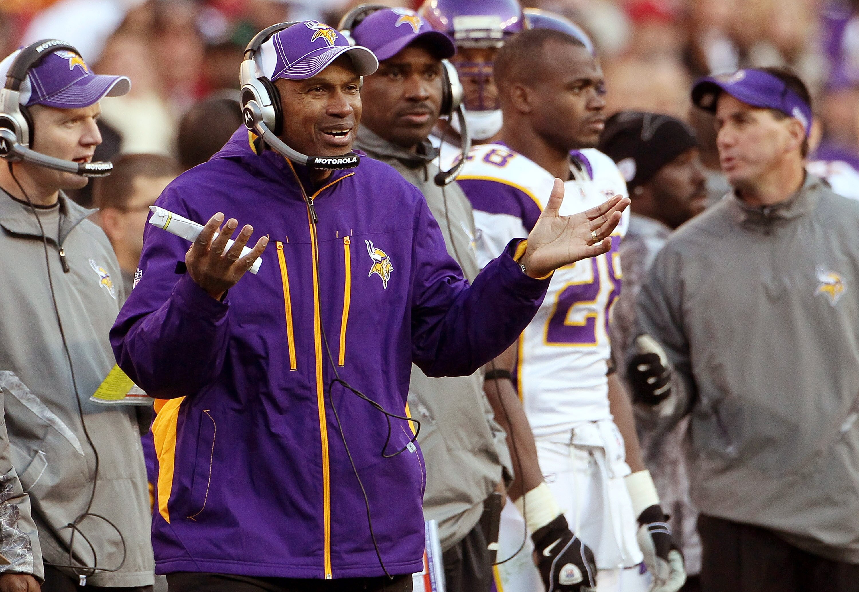 LANDOVER, MD - NOVEMBER 28:   Minnesota Vikings Interim Head Coach Leslie Frazier talks to referees from the sideline while playing the Washington Redskins at FedExField November 28, 2010 in Landover, Maryland. The Vikings won the game 17-13.  (Photo by W