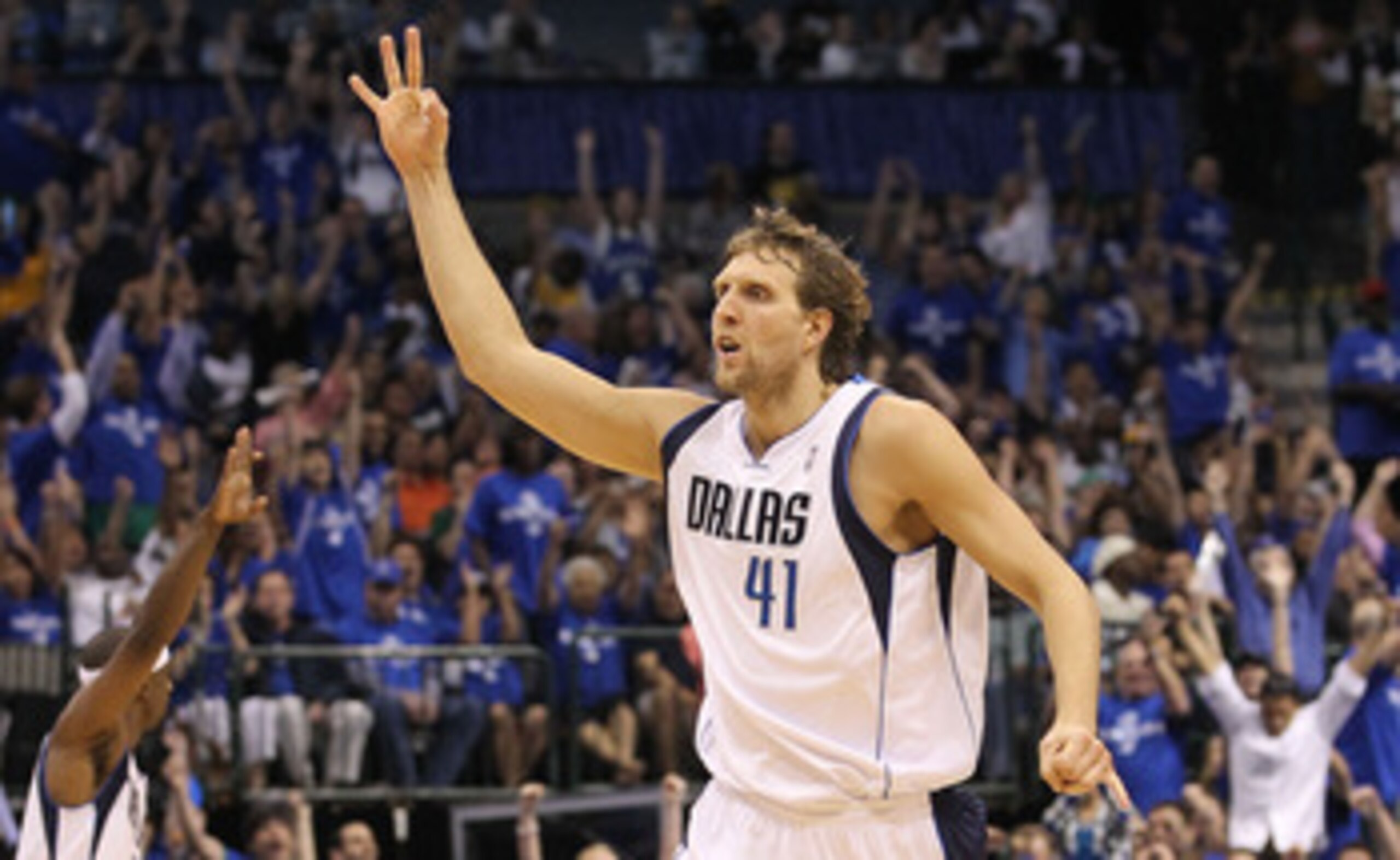 DALLAS, TX - MAY 06:  Forward Dirk Nowitzki #41 of the Dallas Mavericks reacts after making a three-point shot against the Los Angeles Lakers in Game Three of the Western Conference Semifinals during the 2011 NBA Playoffs on May 6, 2011 at American Airlin
