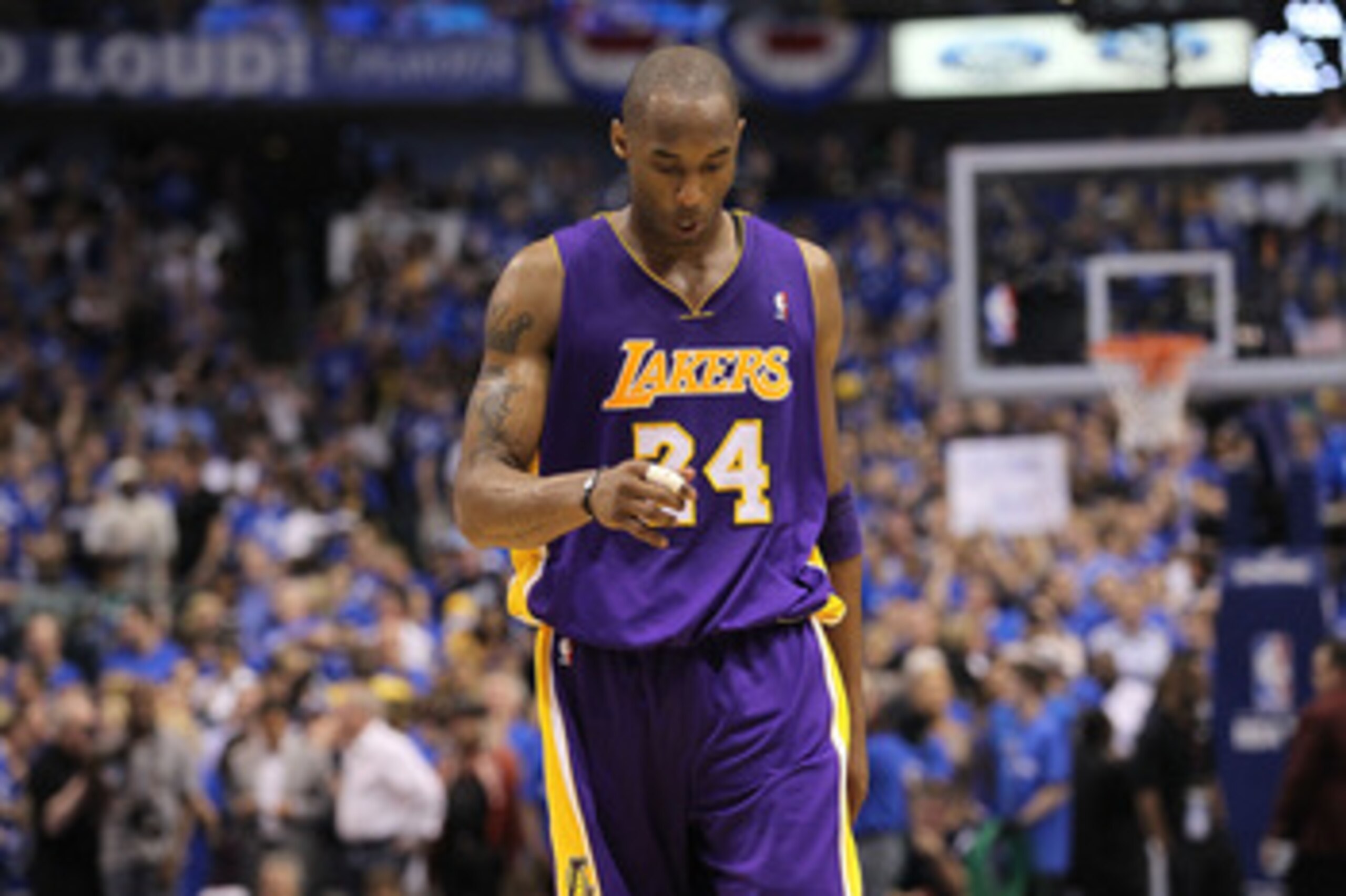 DALLAS, TX - MAY 06:  Guard Kobe Bryant #24 of the Los Angeles Lakers reacts during a 98-92 loss against the Dallas Mavericks in Game Three of the Western Conference Semifinals during the 2011 NBA Playoffs on May 6, 2011 at American Airlines Center in Dal