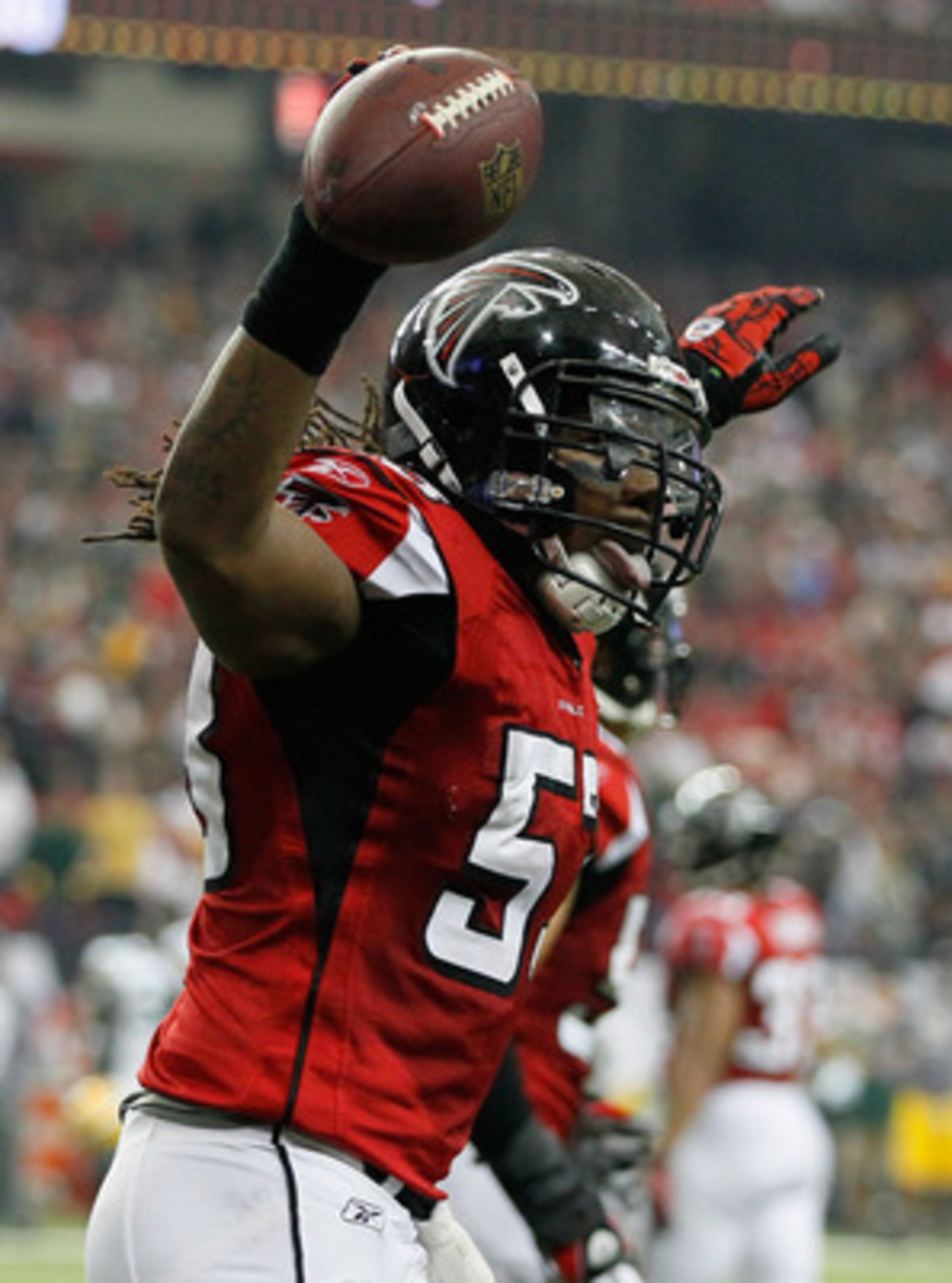 ATLANTA - NOVEMBER 28:  Mike Peterson #53 of the Atlanta Falcons reacts after recovering a fumble by the Green Bay Packers in the end zone at Georgia Dome on November 28, 2010 in Atlanta, Georgia.  (Photo by Kevin C. Cox/Getty Images)