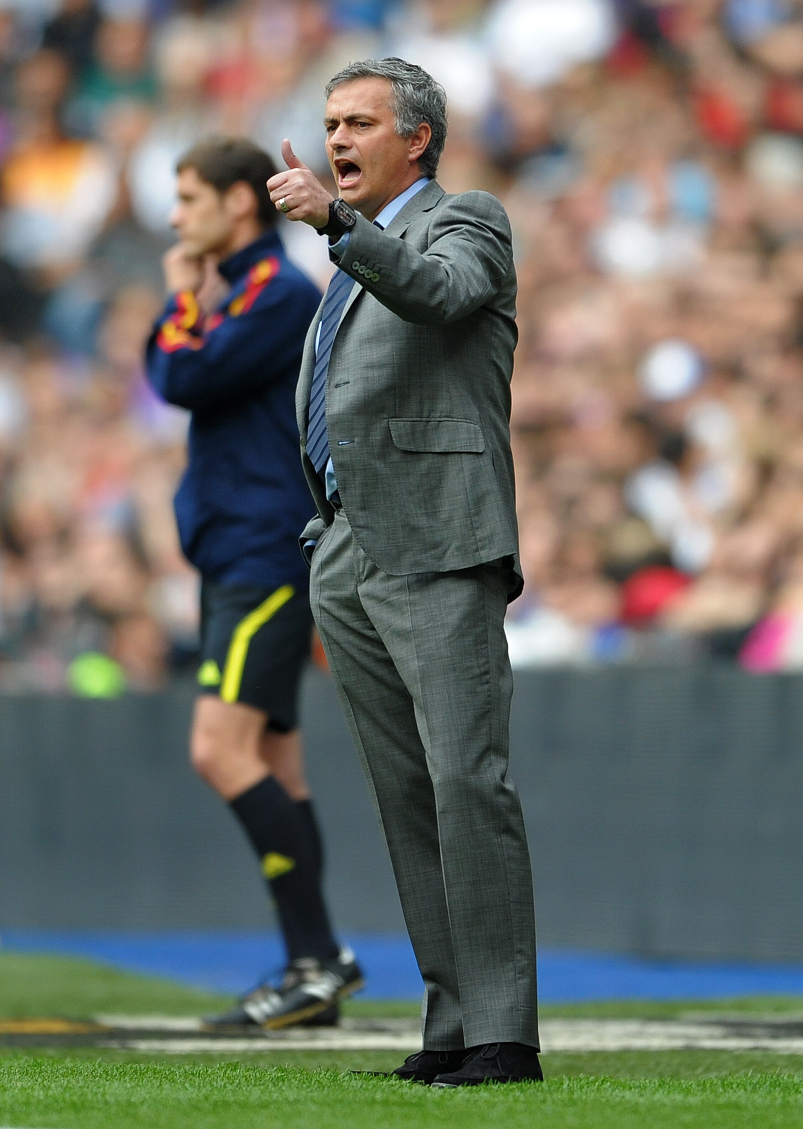 MADRID, SPAIN - APRIL 02:  Head coach Jose Mourinho of Real Madrid gestures during the la Liga match between Real Madrid and Sporting Gijon  at Estadio Santiago Bernabeu on April 2, 2011 in Madrid, Spain.  (Photo by Jasper Juinen/Getty Images)