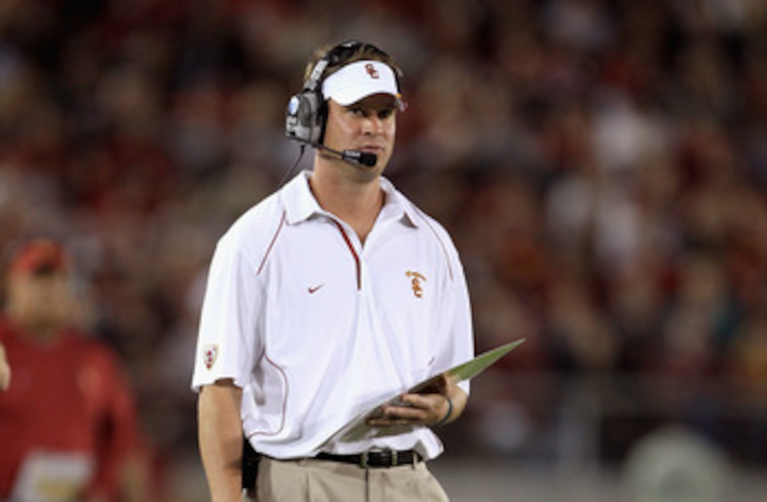 PALO ALTO, CA - OCTOBER 09:  USC Trojans head coach Lane Kiffin stands on the sidelines during their game against the Stanford Cardinal at Stanford Stadium on October 9, 2010 in Palo Alto, California.  (Photo by Ezra Shaw/Getty Images)