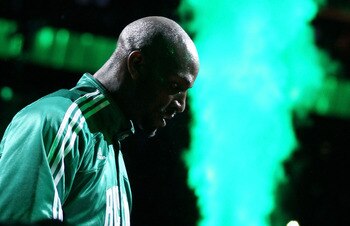 BOSTON, MA - MAY 07: Kevin Garnett #5 of the Boston Celtics heads out during player introductions in Game Three of the Eastern Conference Semifinals in the 2011 NBA Playoffs on May 7, 2011 at the TD Garden in Boston, Massachusetts.  NOTE TO USER: User exp