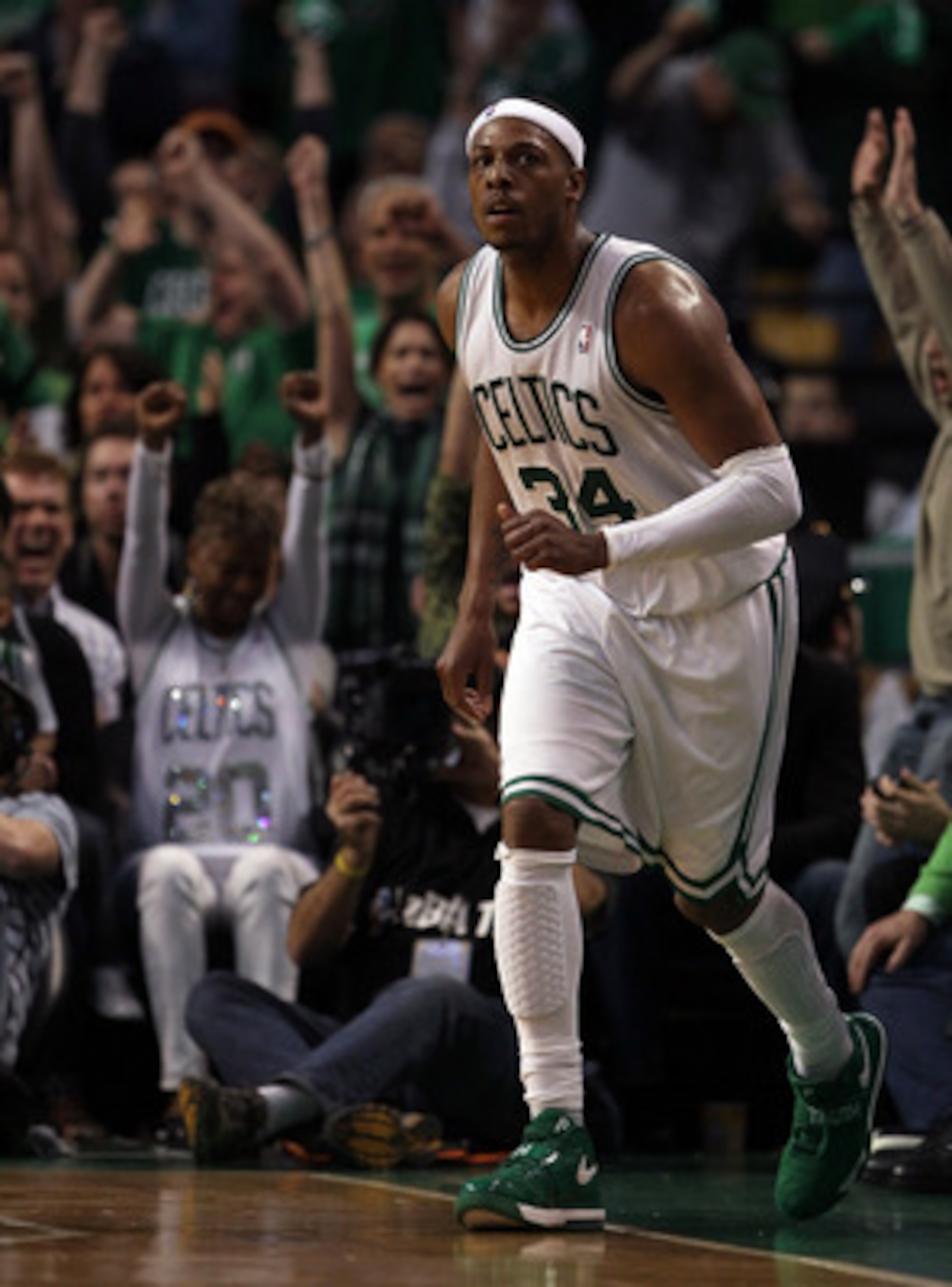 BOSTON, MA - MAY 07: Paul Pierce #34 of the Boston Celtics celebrates his three point shot in the fourth quarter against the Miami Heat in Game Three of the Eastern Conference Semifinals in the 2011 NBA Playoffs on May 7, 2011 at the TD Garden in Boston, BOSTON, MA - MAY 07: Paul Pierce #34 of the Boston Celtics celebrates his three point shot in the fourth quarter against the Miami Heat in Game Three of the Eastern Conference Semifinals in the 2011 NBA Playoffs on May 7, 2011 at the TD Garden in Boston,