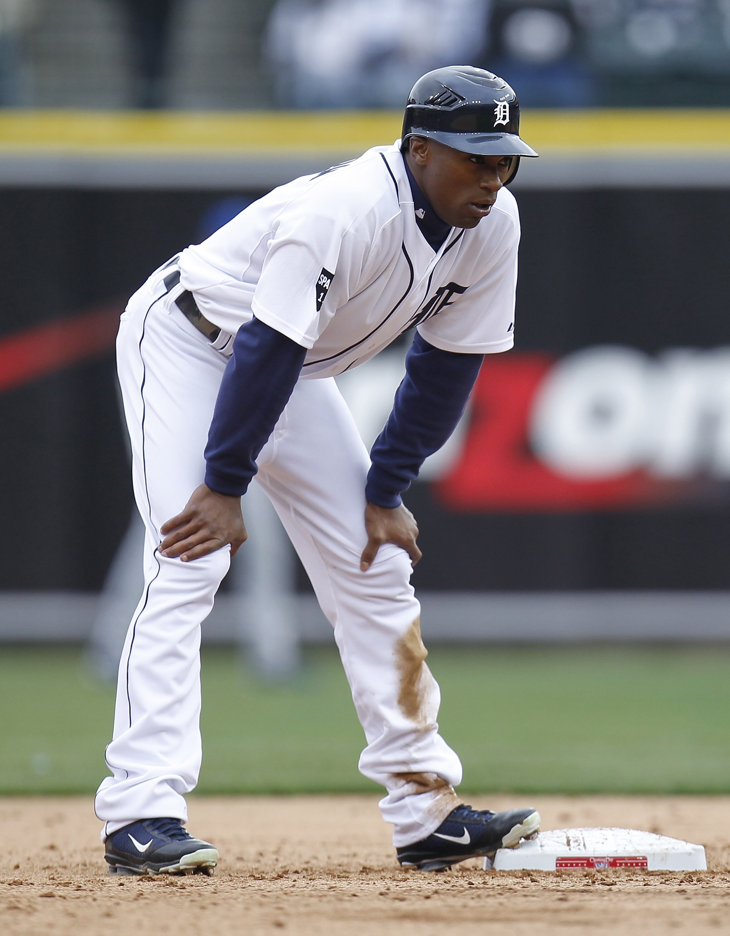 DETROIT, MI - APRIL 08:  Austin Jackson #14 of the Detroit Tigers stands on second while playing the Kansas City Royals at Comerica Park on April 8, 2011 in Detroit, Michigan.  (Photo by Gregory Shamus/Getty Images)