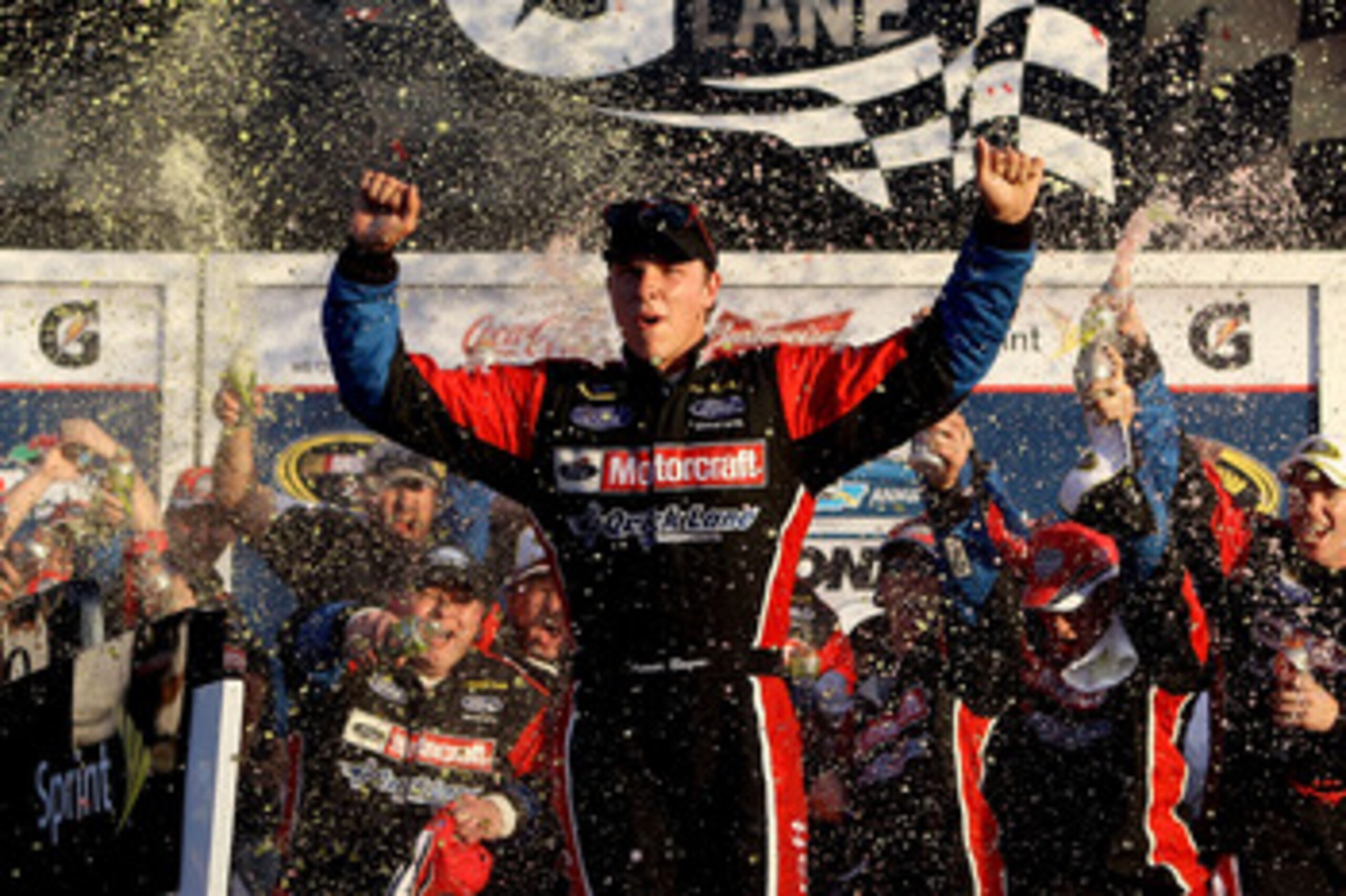 DAYTONA BEACH, FL - FEBRUARY 20:  Trevor Bayne, driver of the #21 Motorcraft/Quick Lane Ford, celebrates in Victory Lane after winning the NASCAR Sprint Cup Series Daytona 500 at Daytona International Speedway on February 20, 2011 in Daytona Beach, Florid