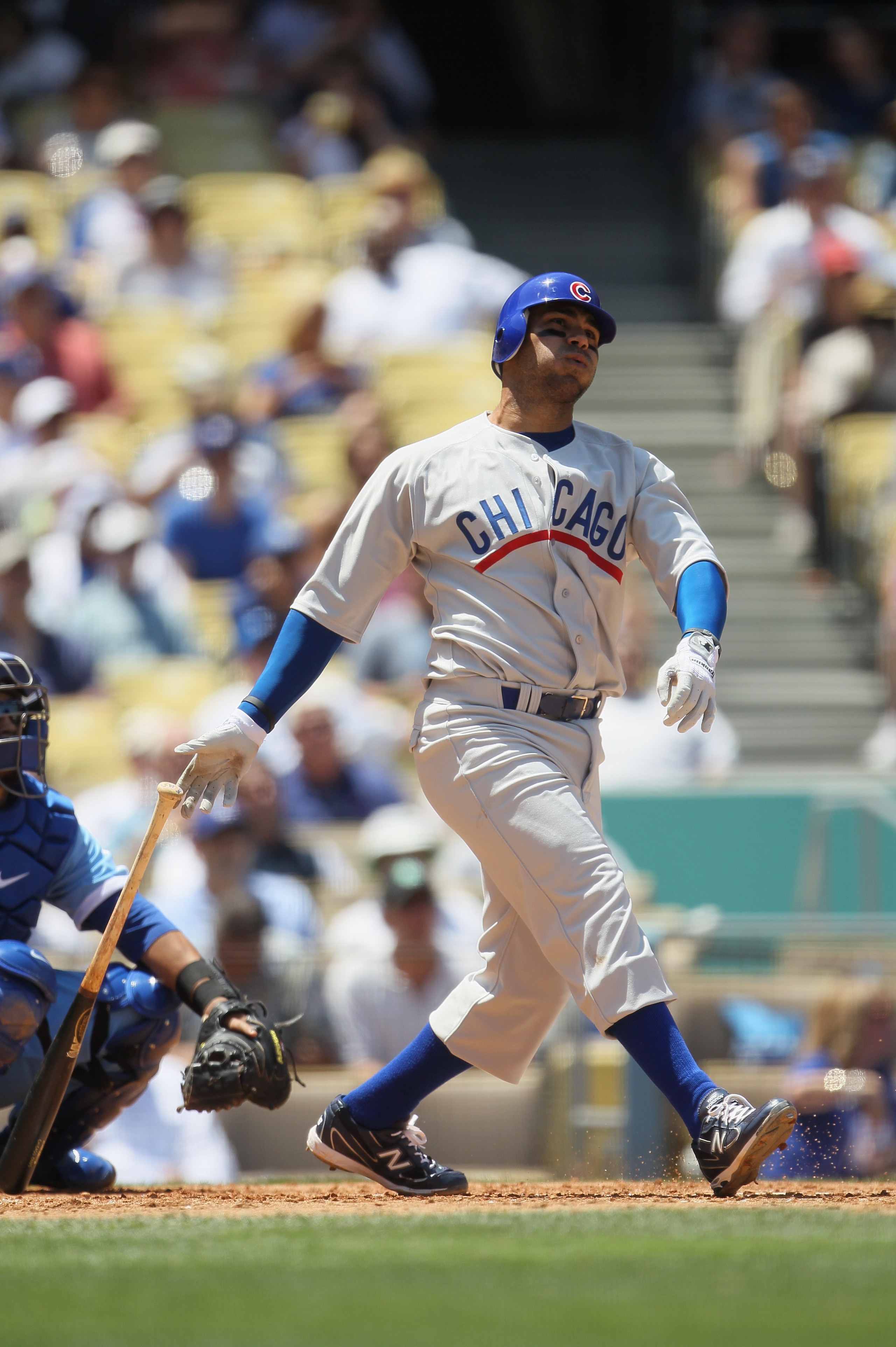 LOS ANGELES, CA - MAY 04:  Carlos Pena #22 of the Chicago Cubs hits a solo home run in the sixth inning against the Los Angeles Dodgers at Dodger Stadium on May 4, 2011 in Los Angeles, California. The Cubs defeated the Dodgers 5-1.  (Photo by Jeff Gross/G