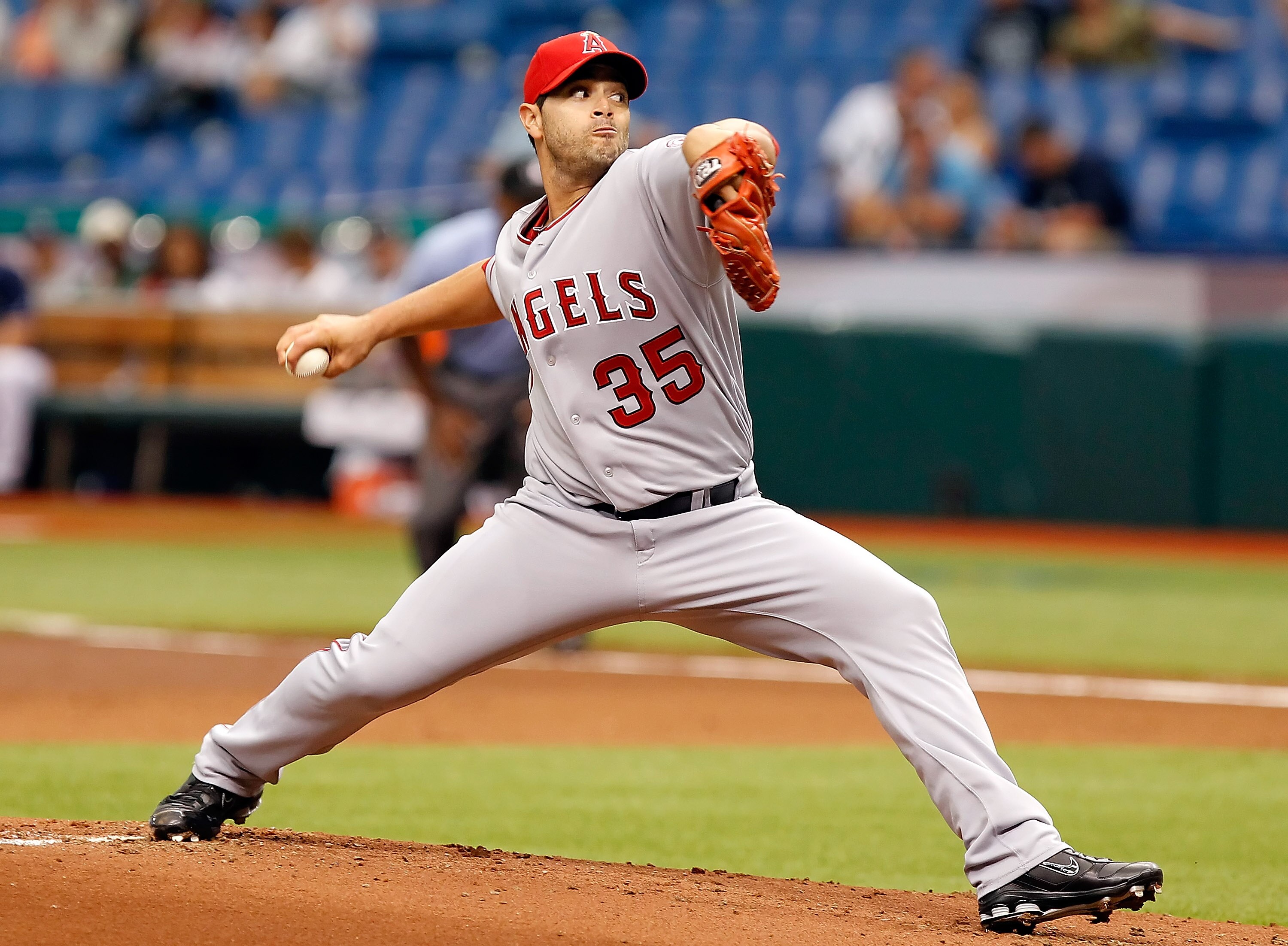 ST PETERSBURG, FL - APRIL 30:  :  Pitcher Joel Pineiro #35 of the Los Angeles Angels of Anaheim pitches against the Tampa Bay Rays during the game at Tropicana Field on April 30, 2011 in St. Petersburg, Florida.  (Photo by J. Meric/Getty Images)