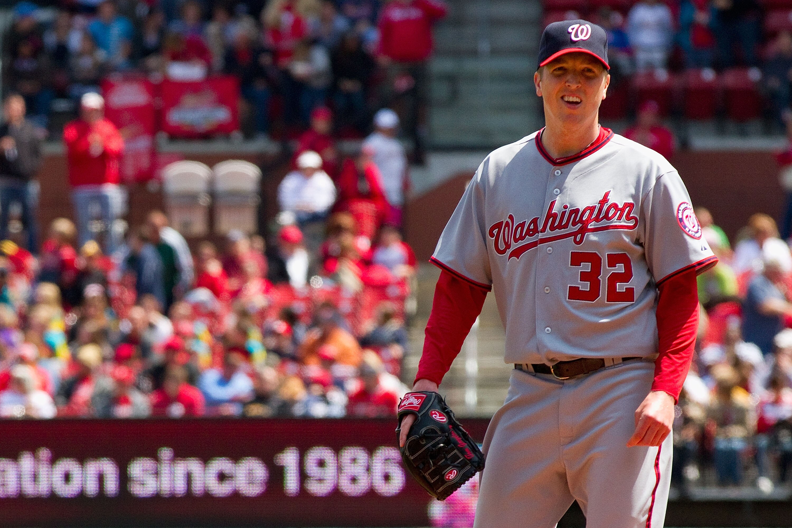 ST. LOUIS, MO - APRIL 21: Starter Tom Gorzelanny #32 of the Washington Nationals reacts to giving up a two-run home run against the St. Louis Cardinals at Busch Stadium on April 21, 2011 in St. Louis, Missouri.  (Photo by Dilip Vishwanat/Getty Images)
