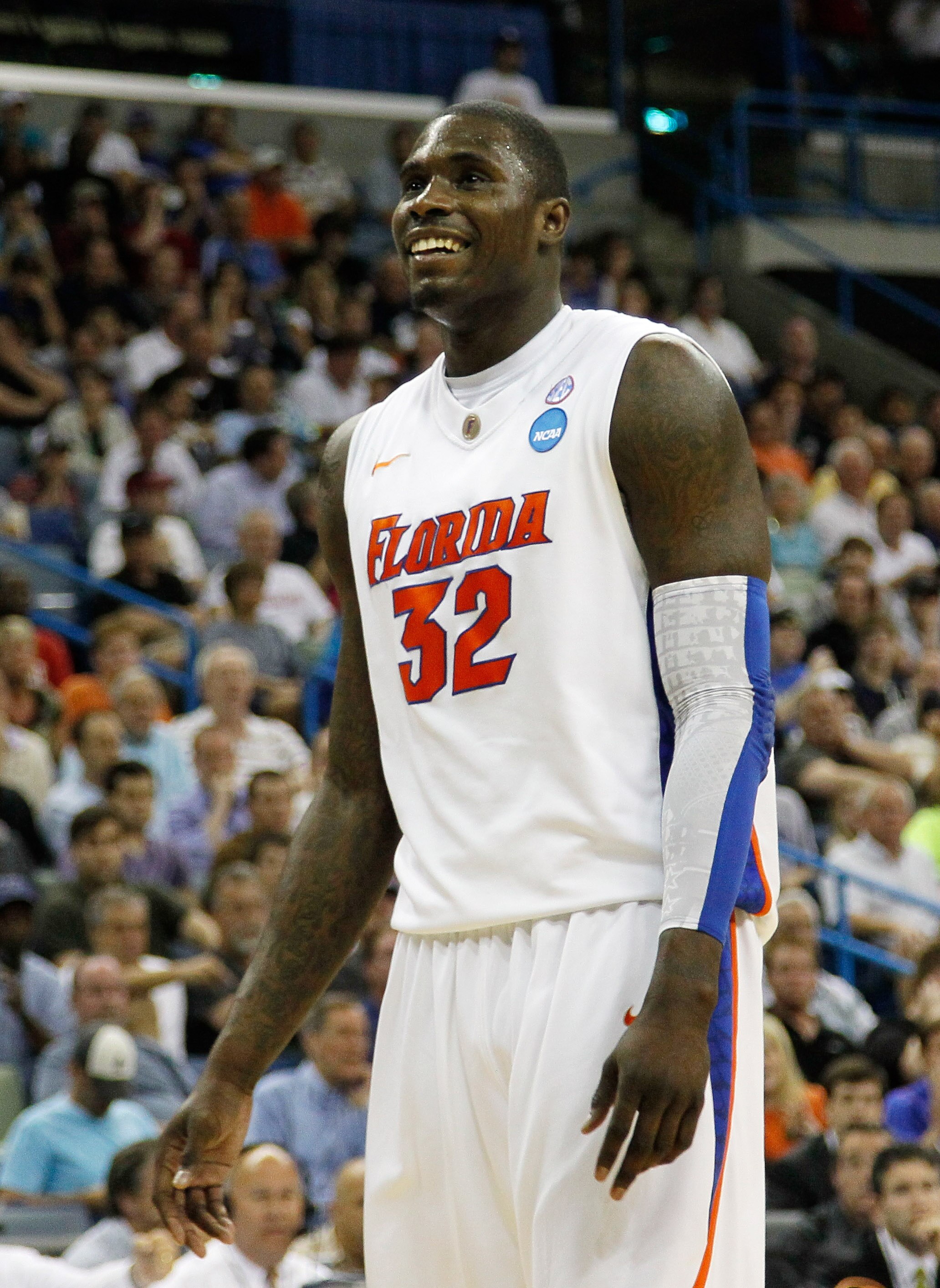NEW ORLEANS, LA - MARCH 26:  Vernon Macklin #32 of the Florida Gators reacts after earining a foul in the second half of their game against the Butler Bulldogs during the Southeast regional final of the 2011 NCAA men's basketball tournament at New Orleans