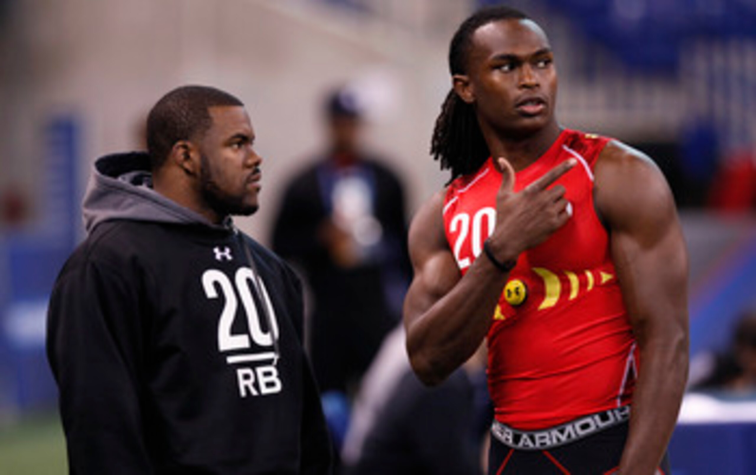 INDIANAPOLIS, IN - FEBRUARY 27: Former Alabama teammates Mark Ingram (L) and Julio Jones look on during the 2011 NFL Scouting Combine at Lucas Oil Stadium on February 27, 2011 in Indianapolis, Indiana. (Photo by Joe Robbins/Getty Images)