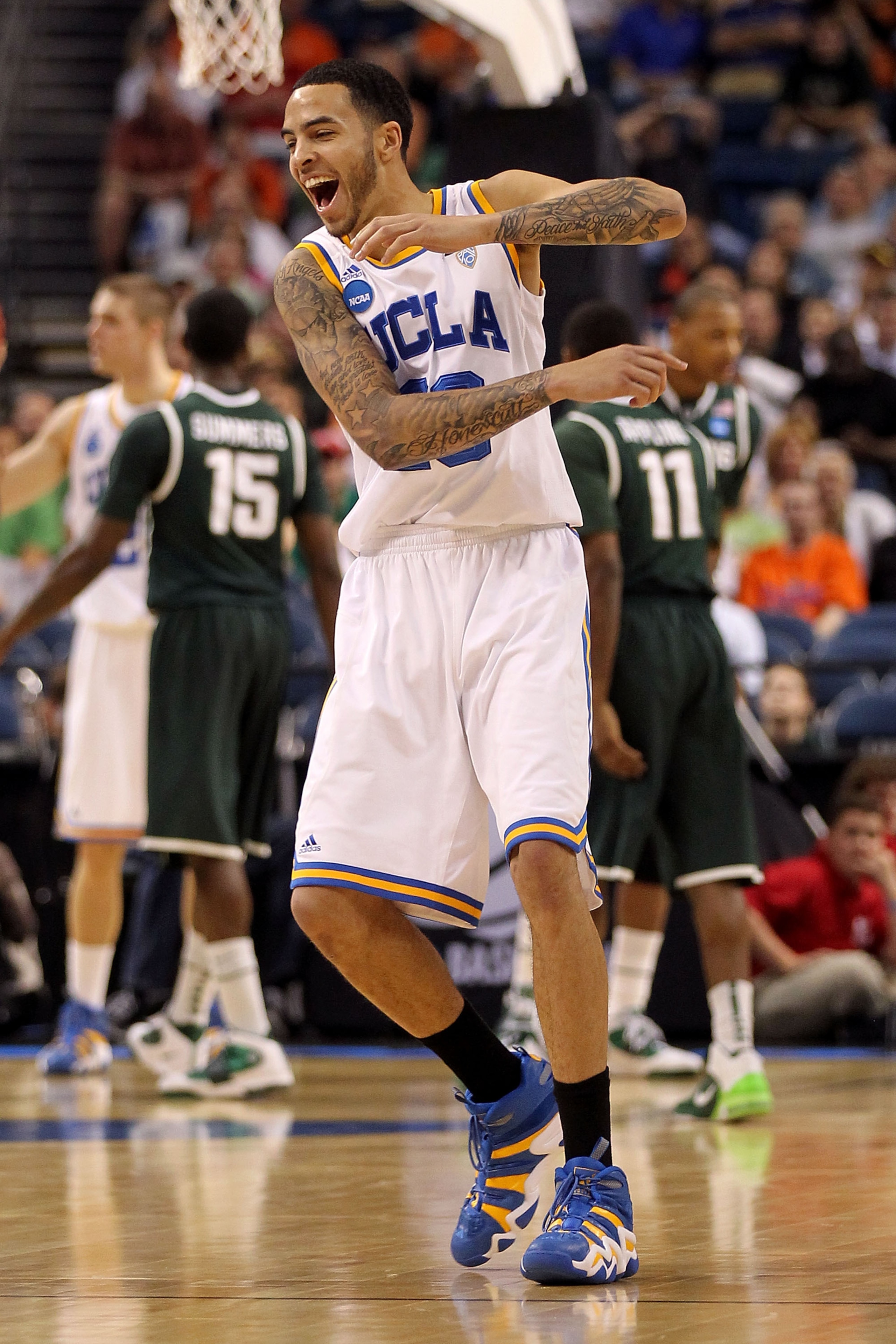 TAMPA, FL - MARCH 17:  Tyler Honeycutt #23 of the UCLA Bruins reacts in the first half against the Michigan State Spartans during the second round of the 2011 NCAA men's basketball tournament at St. Pete Times Forum on March 17, 2011 in Tampa, Florida.  (