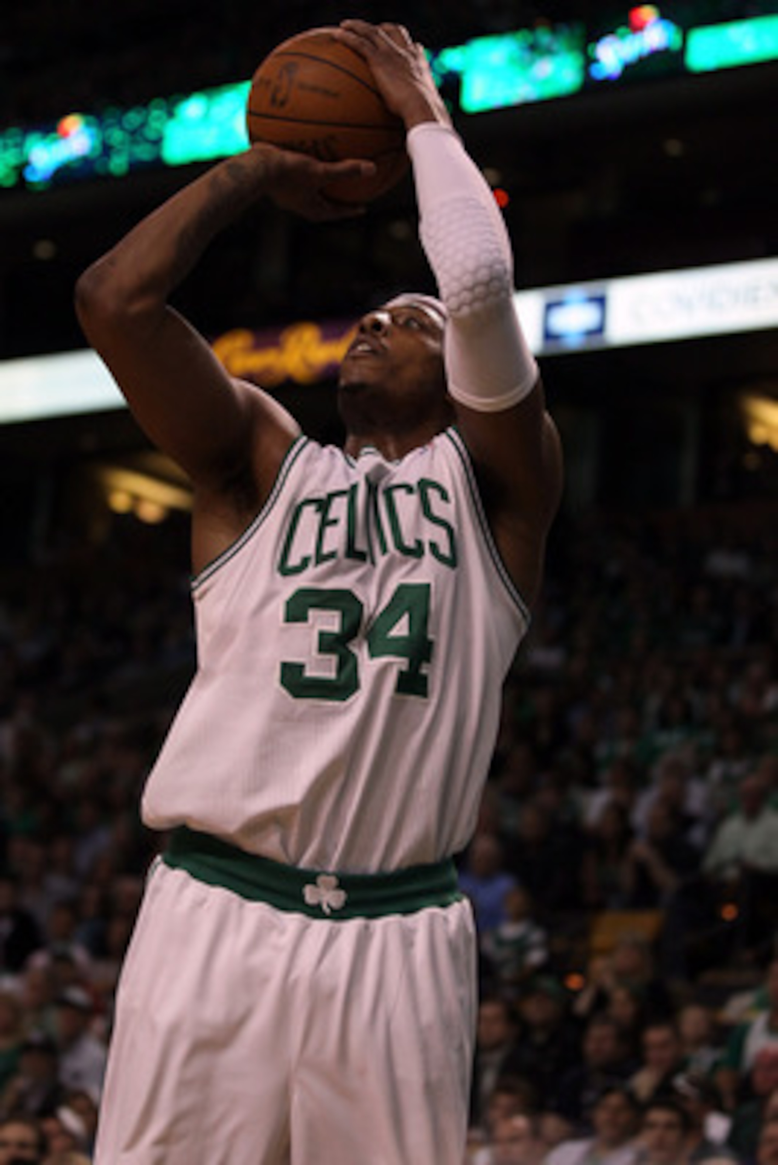 BOSTON, MA - MAY 07: Paul Pierce #34 of the Boston Celtics takes a shot in the first quarter against the Miami Heat in Game Three of the Eastern Conference Semifinals in the 2011 NBA Playoffs on May 7, 2011 at the TD Garden in Boston, Massachusetts.  NOTE