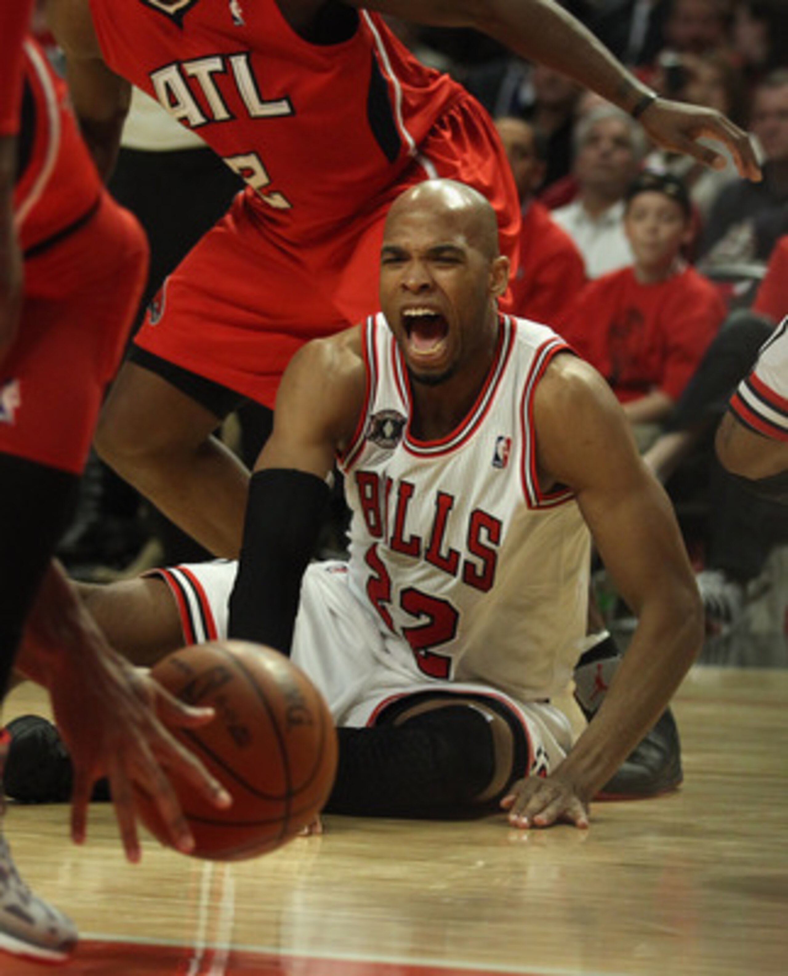 CHICAGO, IL - MAY 04: Taj Gibson #22 of the Chicago Bulls yells after losing control of the ball against the Atlanta Hawks in Game Two of the Eastern Conference Semifinals in the 2011 NBA Playoffs at the United Center on May 4, 2011 in Chicago, Illinois. 