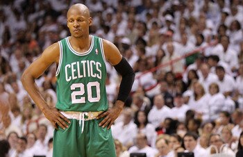 MIAMI, FL - MAY 03:  Ray Allen #20 of the Boston Celtics looks on during Game Two of the Eastern Conference Semifinals of the 2011 NBA Playoffs against the Miami Heat at American Airlines Arena on May 3, 2011 in Miami, Florida. NOTE TO USER: User expressl