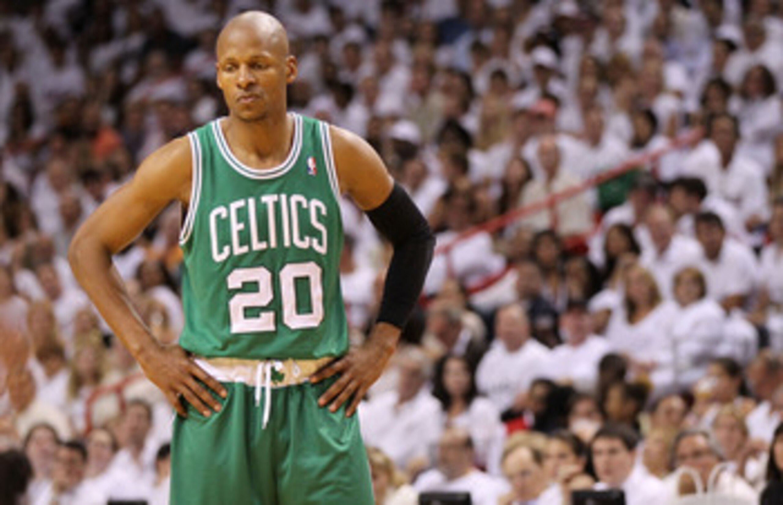 MIAMI, FL - MAY 03:  Ray Allen #20 of the Boston Celtics looks on during Game Two of the Eastern Conference Semifinals of the 2011 NBA Playoffs against the Miami Heat at American Airlines Arena on May 3, 2011 in Miami, Florida. NOTE TO USER: User expressl