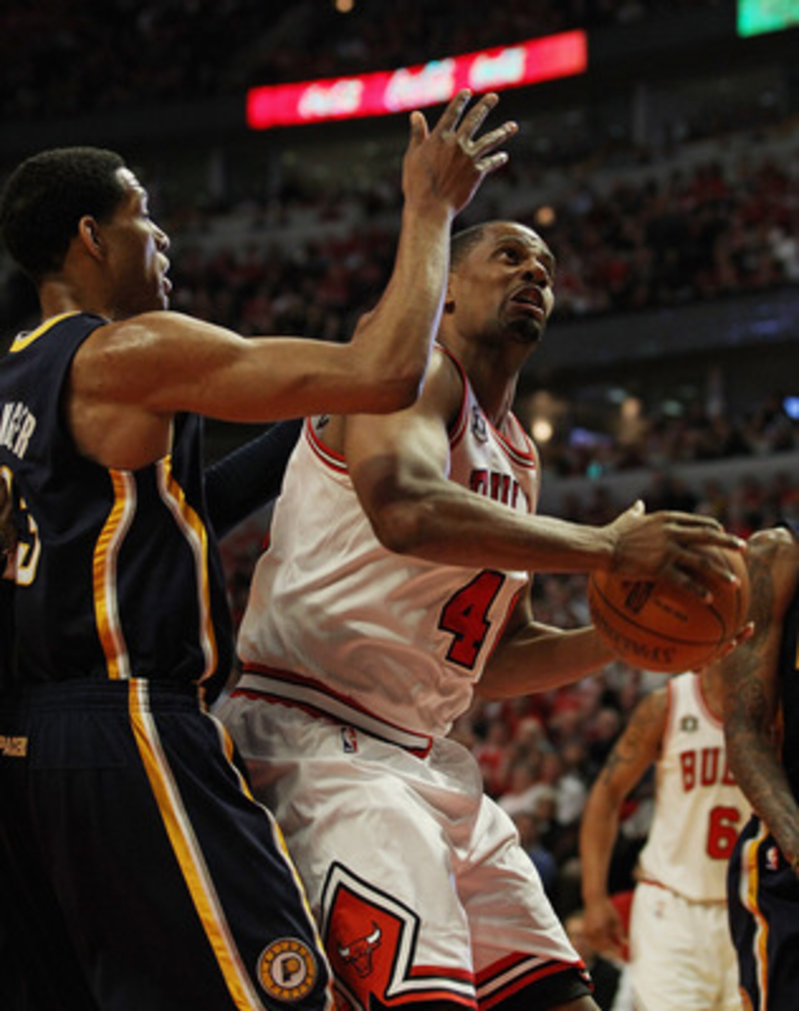 CHICAGO, IL - APRIL 18: Kurt Thomas #40 of the Chicago Bulls looks to shoot against Danny Granger #33 of the Indiana Pacers in Game Two of the Eastern Conference Quarterfinals in the 2011 NBA Playoffs at the United Center on April 18, 2011 in Chicago, Ill