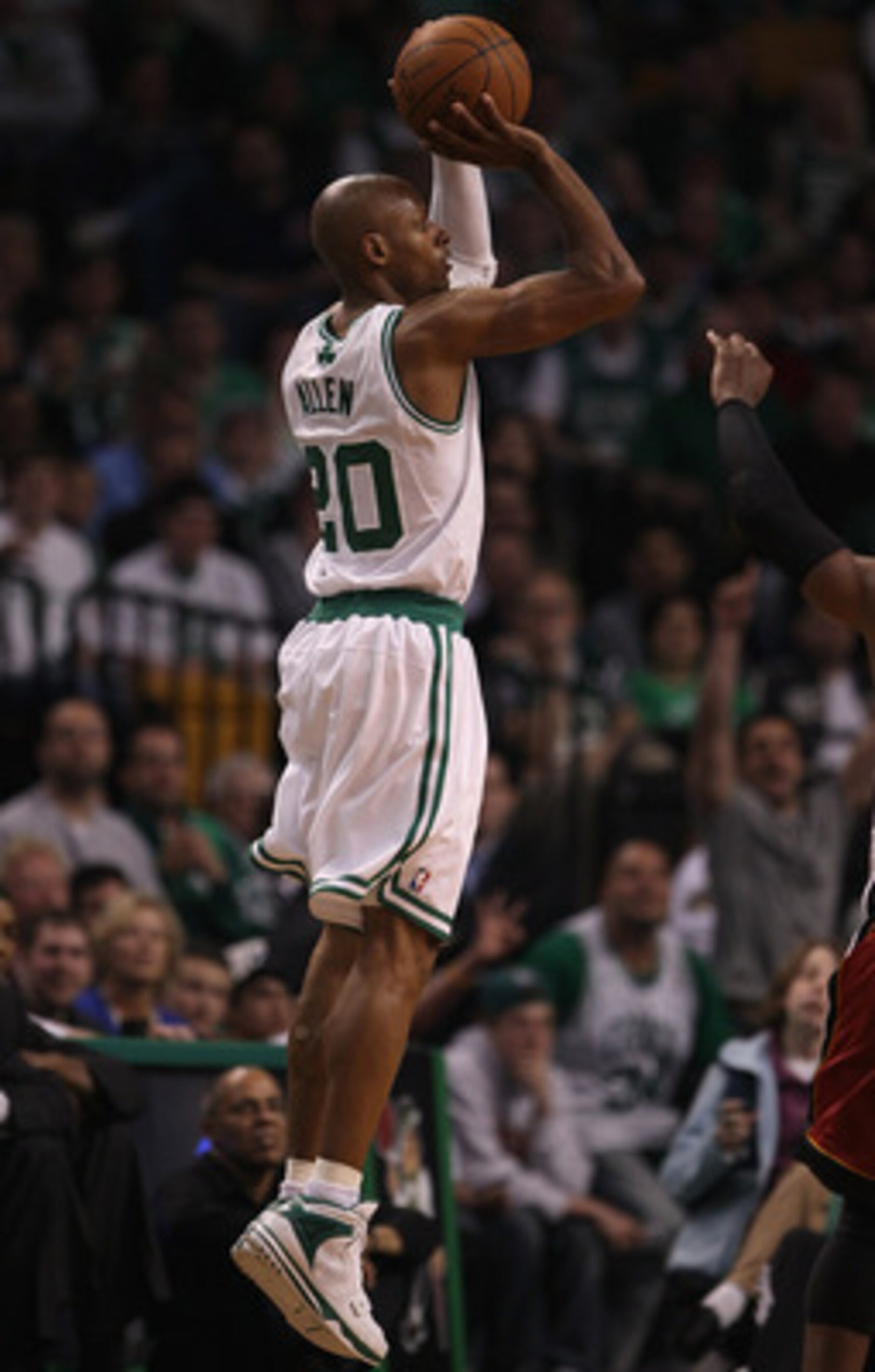 BOSTON, MA - MAY 07:  Ray Allen #20 of the Boston Celtics takes a shot in the fourth quarter against the Miami Heat in Game Three of the Eastern Conference Semifinals in the 2011 NBA Playoffs on May 7, 2011 at the TD Garden in Boston, Massachusetts.  The