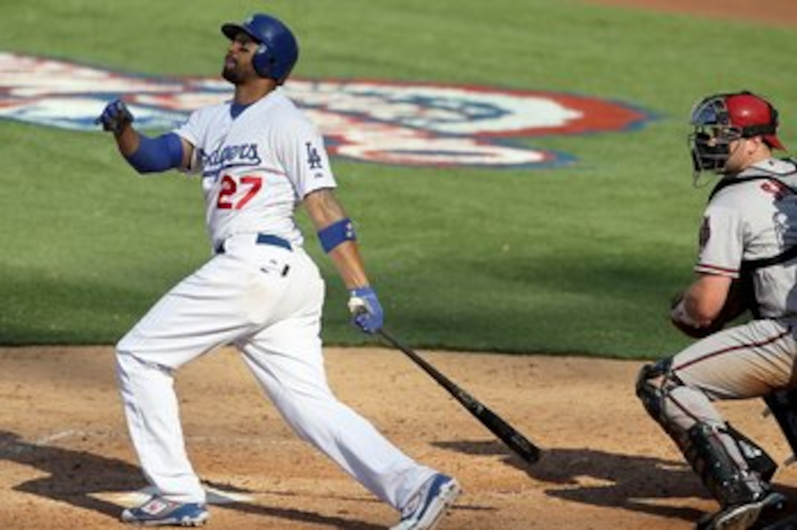 LOS ANGELES, CA - APRIL 13:  Matt Kemp #27 of the Los Angeles Dodgers swings at a pitch against the Arizona Diamondbacks at Dodger Stadium on April 13, 2010 in Los Angeles, California. The Dodgers defeated the Diamondbacks 9-5.  (Photo by Jeff Gross/Getty