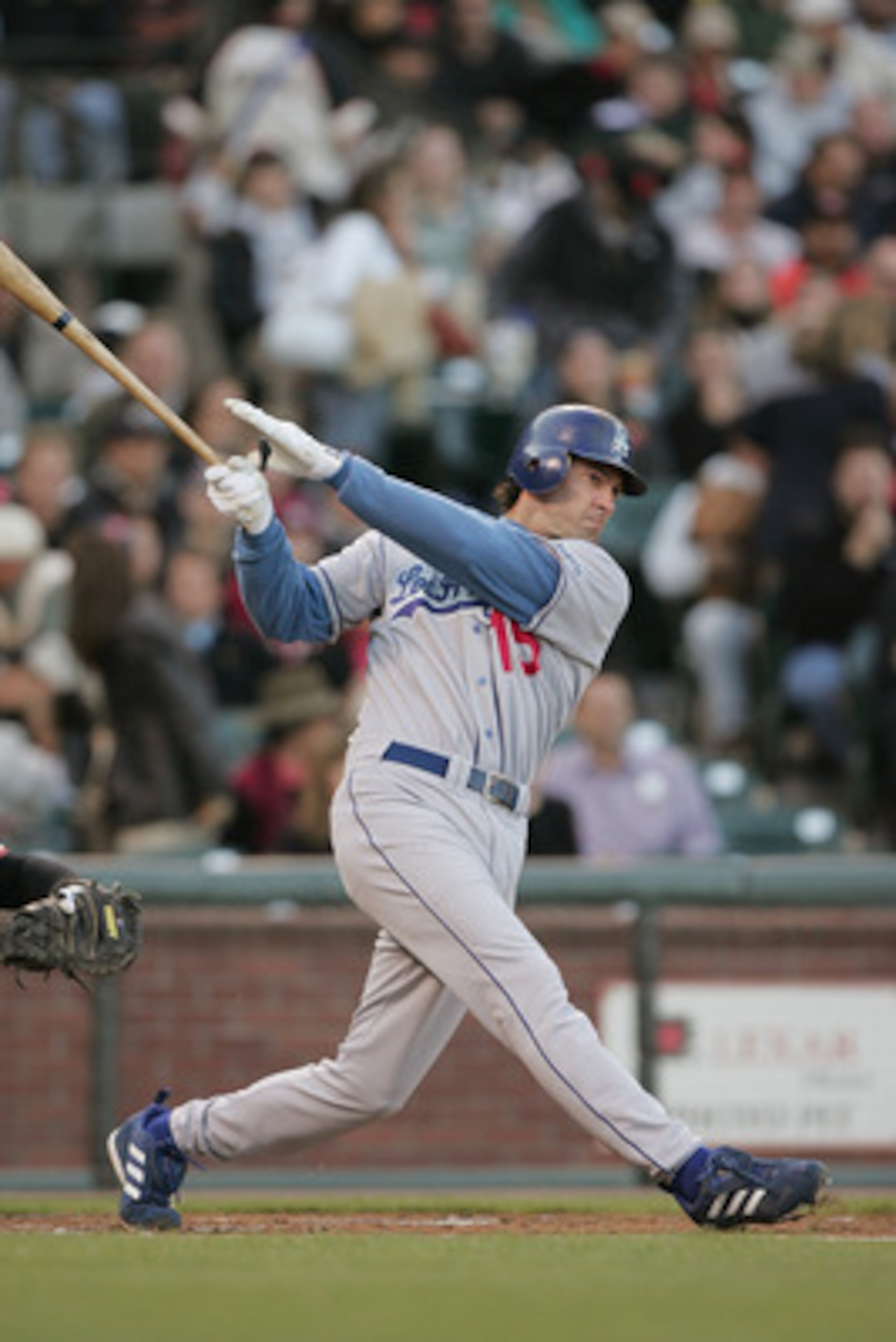 SAN FRANCISCO - JUNE 21:  First baseman Shawn Green #15 of the Los Angeles Dodgers at bat during the game against the San Francisco Giants at SBC Park on June 21, 2004 in San Francsico, California.The Giants won 3-2.  (Photo by Jed Jacobsohn/Getty Images)