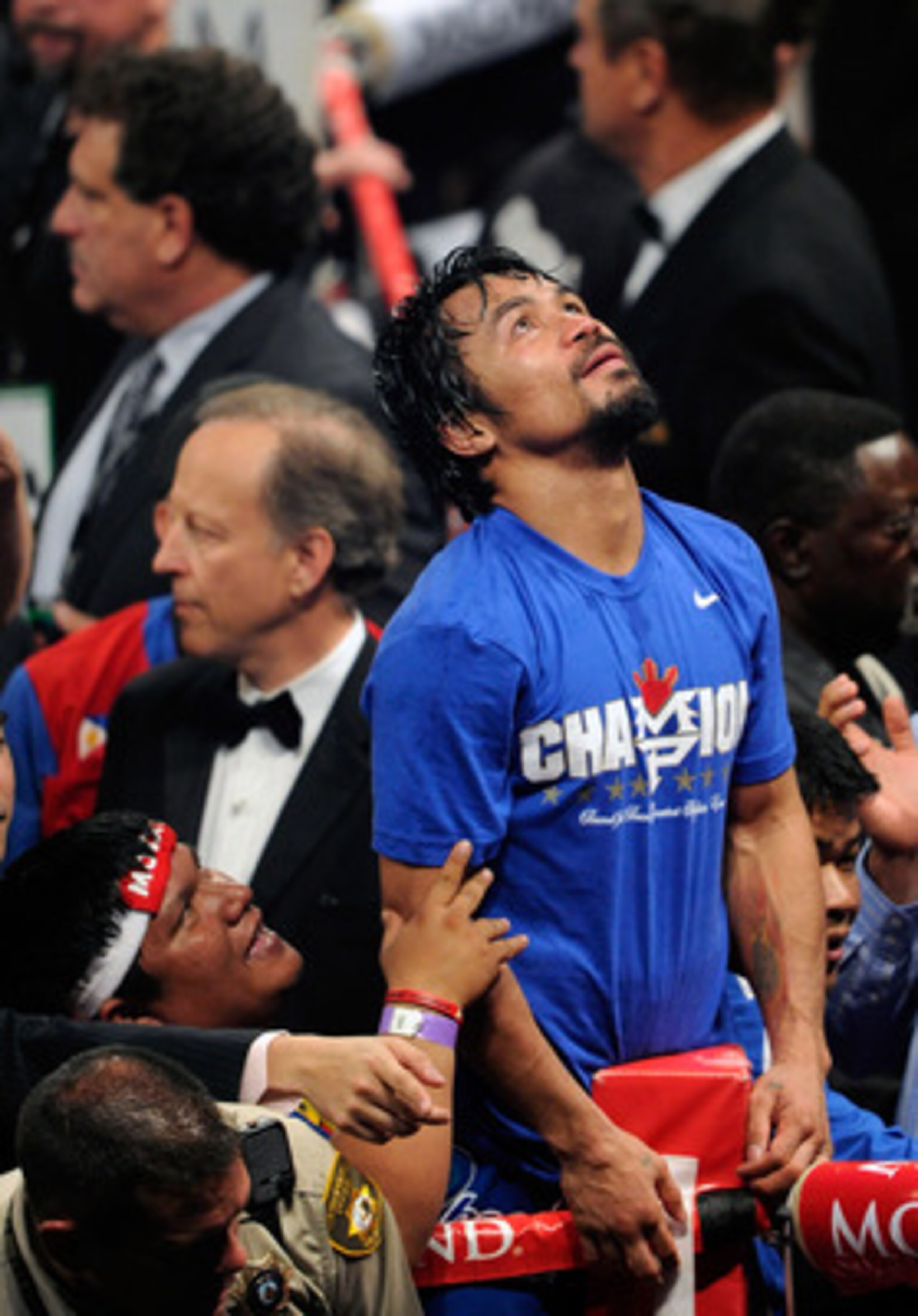 LAS VEGAS, NV - MAY 07:  Boxer Manny Pacquiao reacts at the end of his WBO welterweight title fight against Shane Mosley at the MGM Grand Garden Arena May 7, 2011 in Las Vegas, Nevada. Pacquiao retained his title by unanimous decision.  (Photo by Ethan Mi