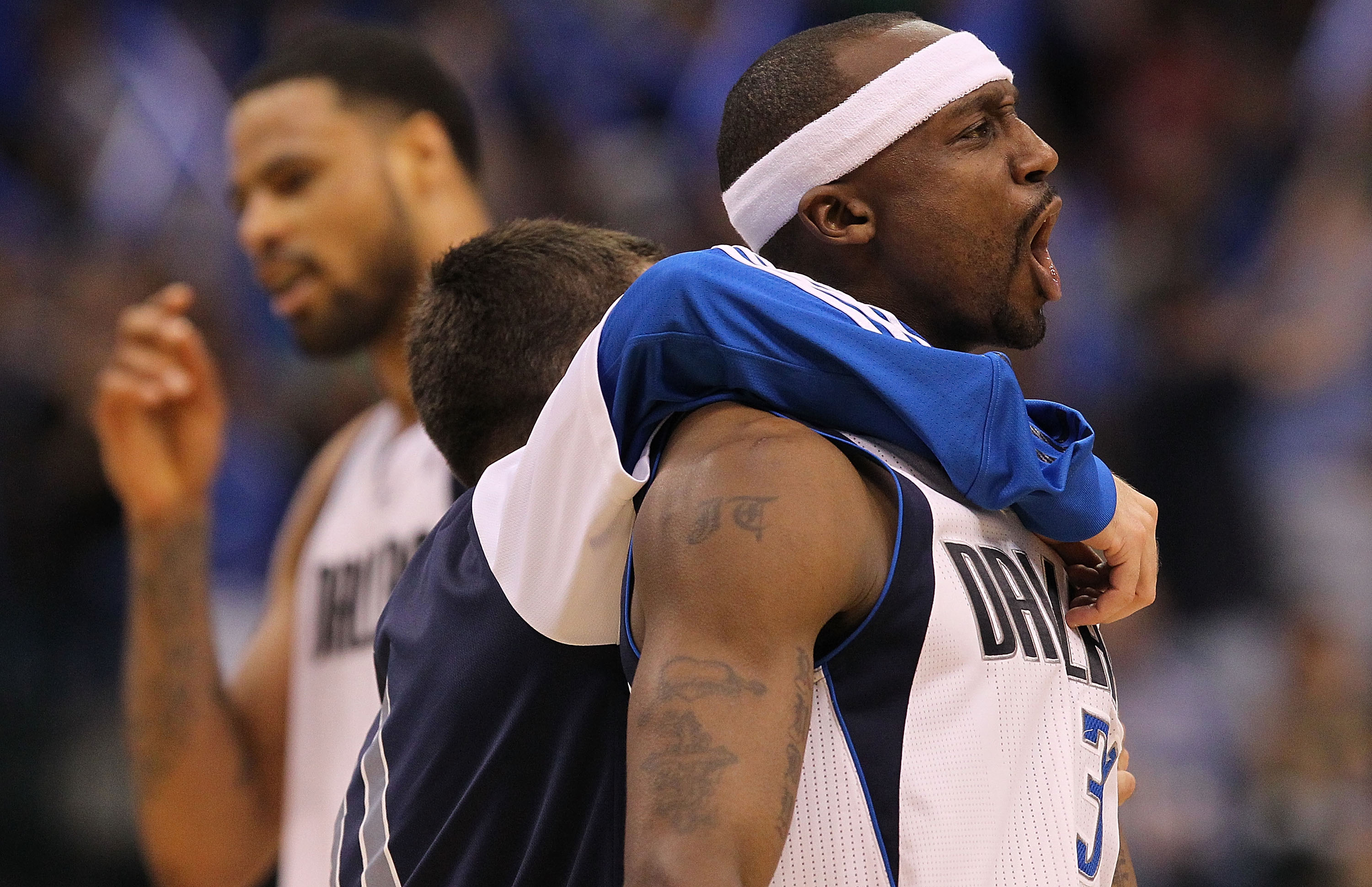 DALLAS, TX - MAY 08:  Guard Jason Terry #31 of the Dallas Mavericks reacts after a three-point shot with Jose Juan Barea against the Los Angeles Lakers in Game Four of the Western Conference Semifinals during the 2011 NBA Playoffs on May 8, 2011 at Americ