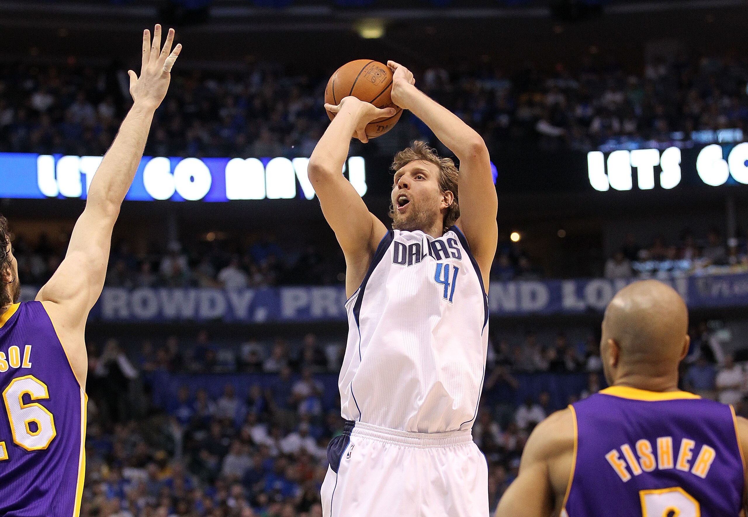 DALLAS, TX - MAY 08:  Forward Dirk Nowitzki #41 of the Dallas Mavericks takes a shot against Pau Gasol #16 of the Los Angeles Lakers in Game Four of the Western Conference Semifinals during the 2011 NBA Playoffs on May 8, 2011 at American Airlines Center